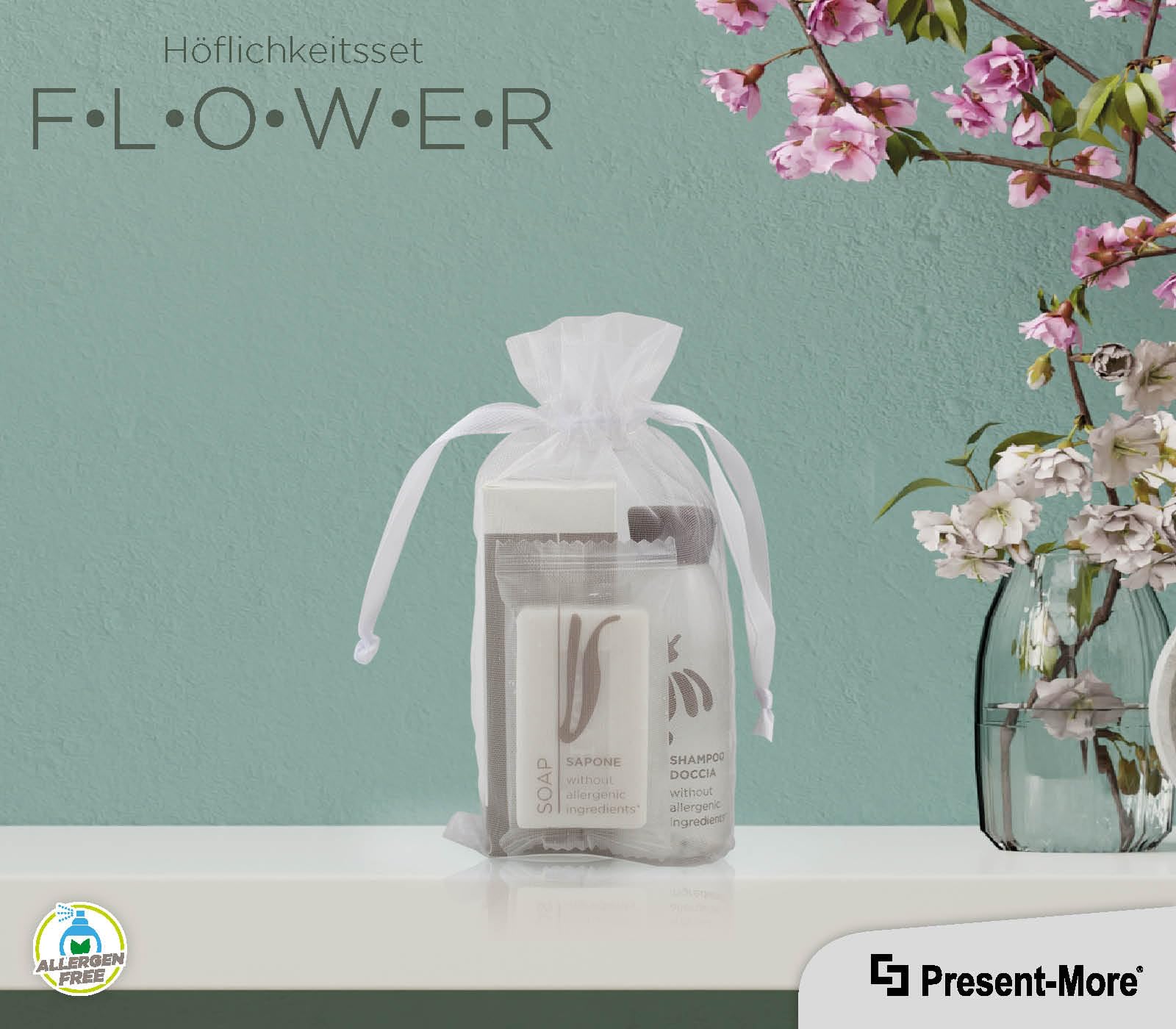 Present-More Amenities Kit Flower - Prestige Kit Toilettenartikel 100 Gäste für Hotels und B&B | Allergenfreie Amenities Kit mit Duftnoten von weißer Tee