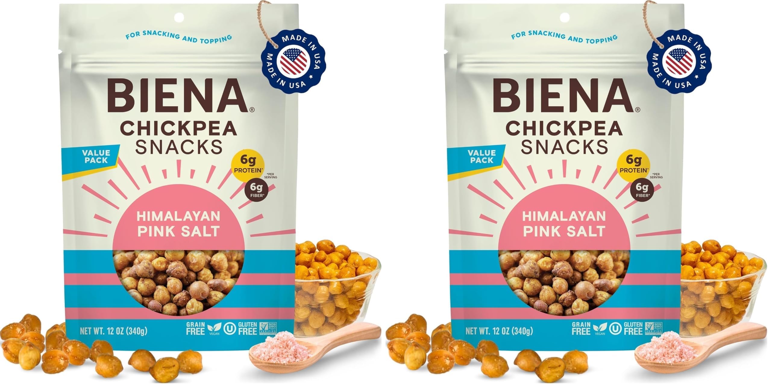 BIENA Roasted Chickpea Snacks – Himalayan Salt, 1 Value Pack – Crispy Salted Chickpeas Loaded with Protein & Fiber - Delicious, Healthy Snacks for Adults and Kids (Pack of 2)