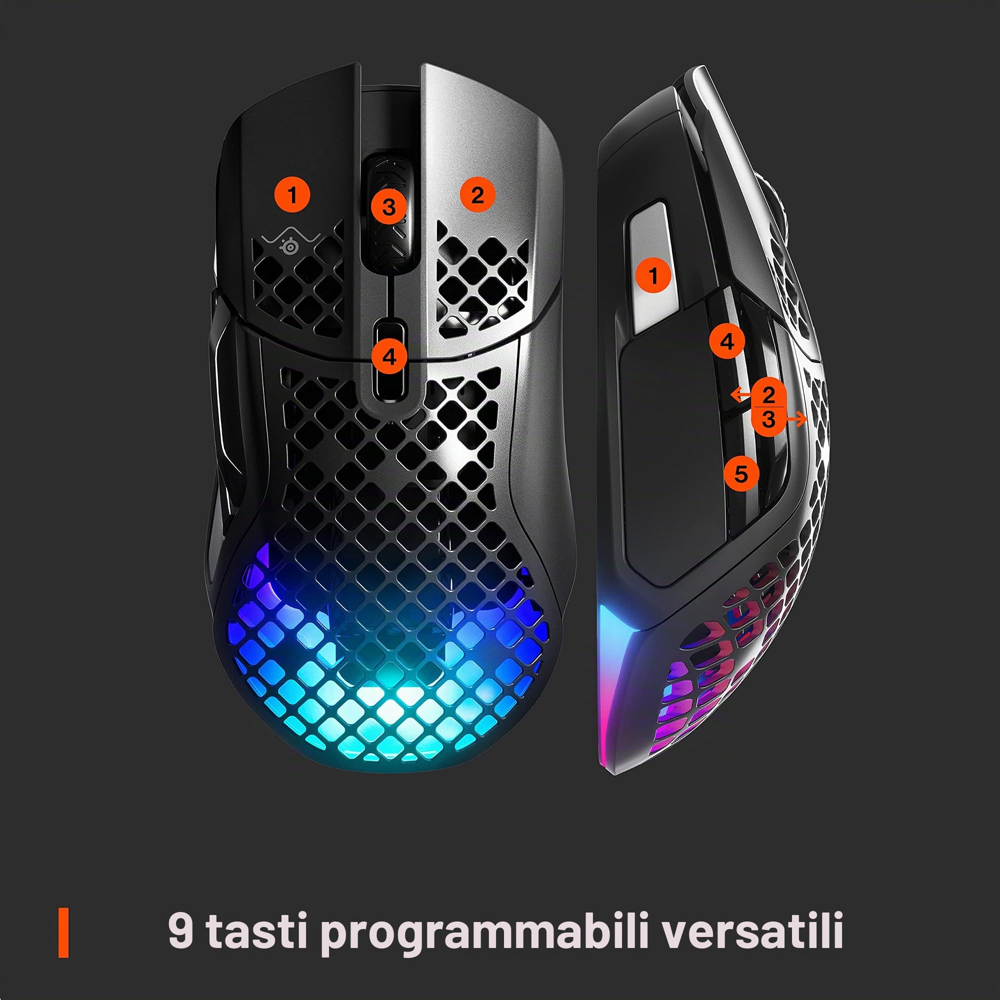 SteelSeries Aerox 5 Wireless Mouse Gaming Leggero Wireless 18000 CPI - Sensore ottico TrueMove Air - Design ultraleggero impermeabile - 180+ ore di durata della batteria (Ricondizionato)