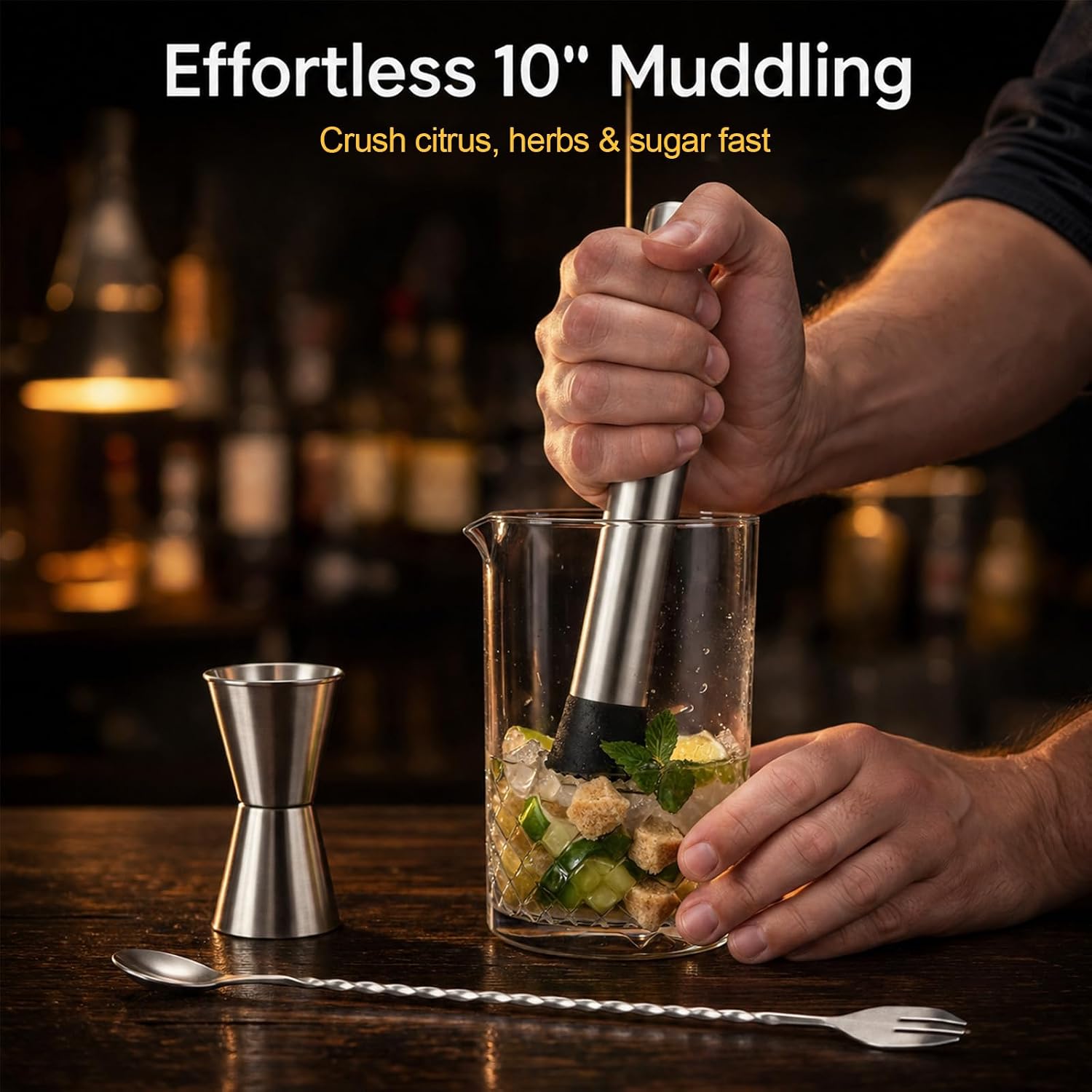 Muddler for Cocktails Set, 10 Inch Stainless Steel Bar Muddler Tool, Drink Mixing Set with Mixing Spoon and Measuring Jigger for Making Mojitos, Margaritas and Cocktails