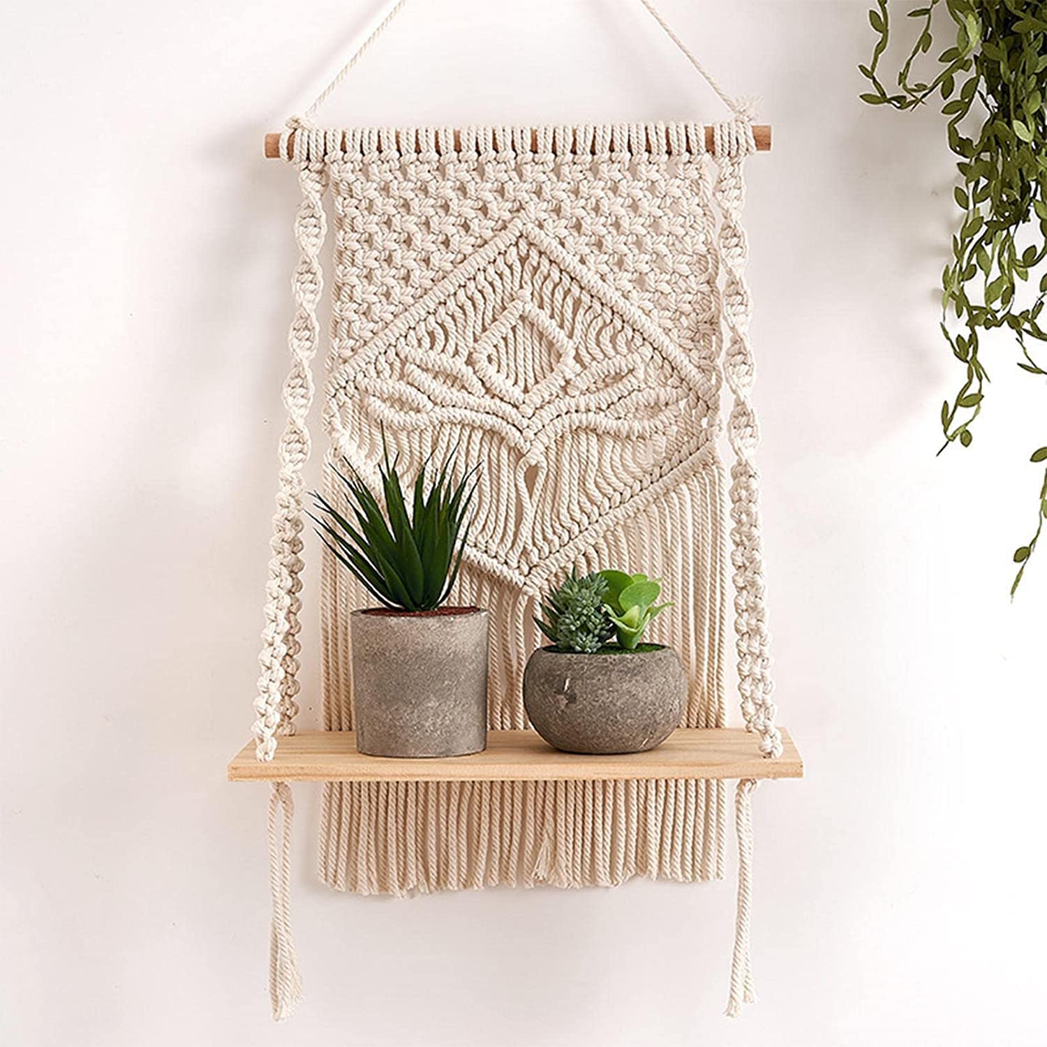 AK Macrame Indoor Wall Hanging Shelf Chic Decor Wood Floating Boho Shelves with Wooden Dowel Hand Woven Bohemian Decor for Apartment Dorm Bedroom Living Room Nursery Beige 60 x 30cm