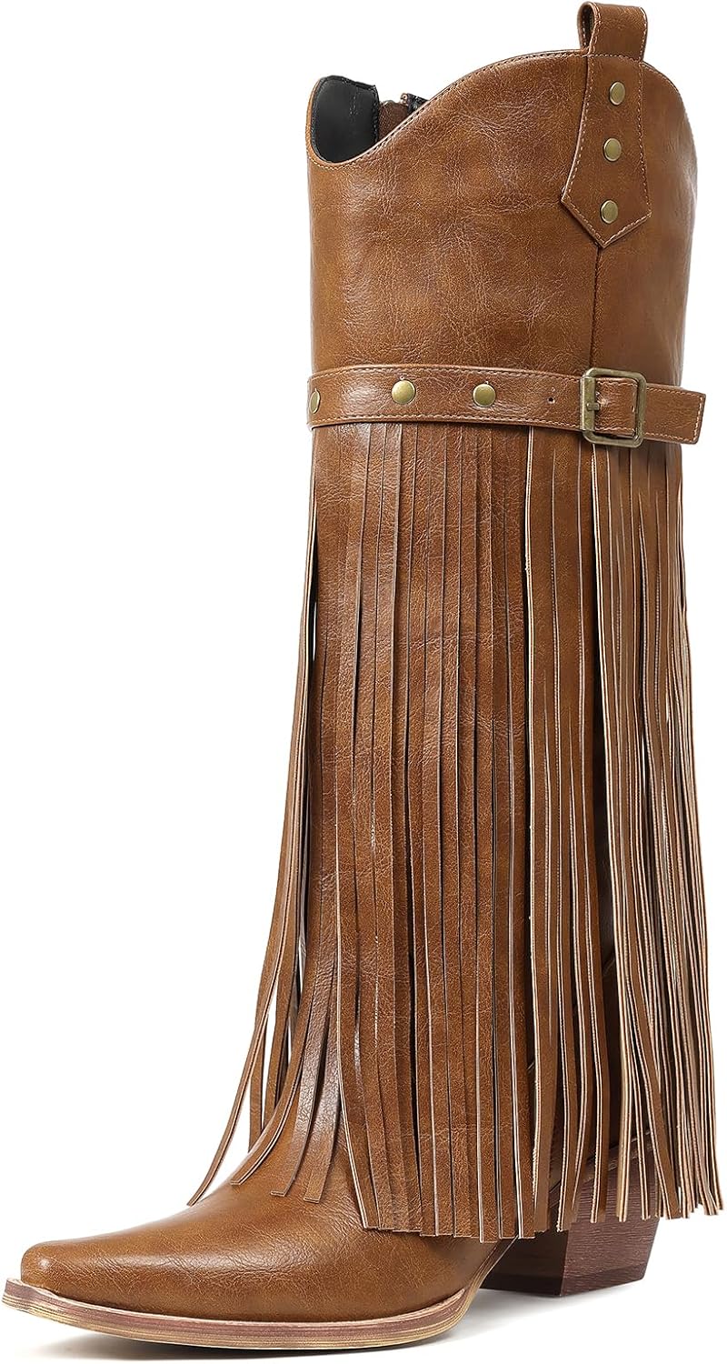 Cozivwaiy Women Fringe Knee High Boots Mid Heel Cowboy Boot With Tassel Pu Leather Country Concent Party Shoes Chunky Block Heel