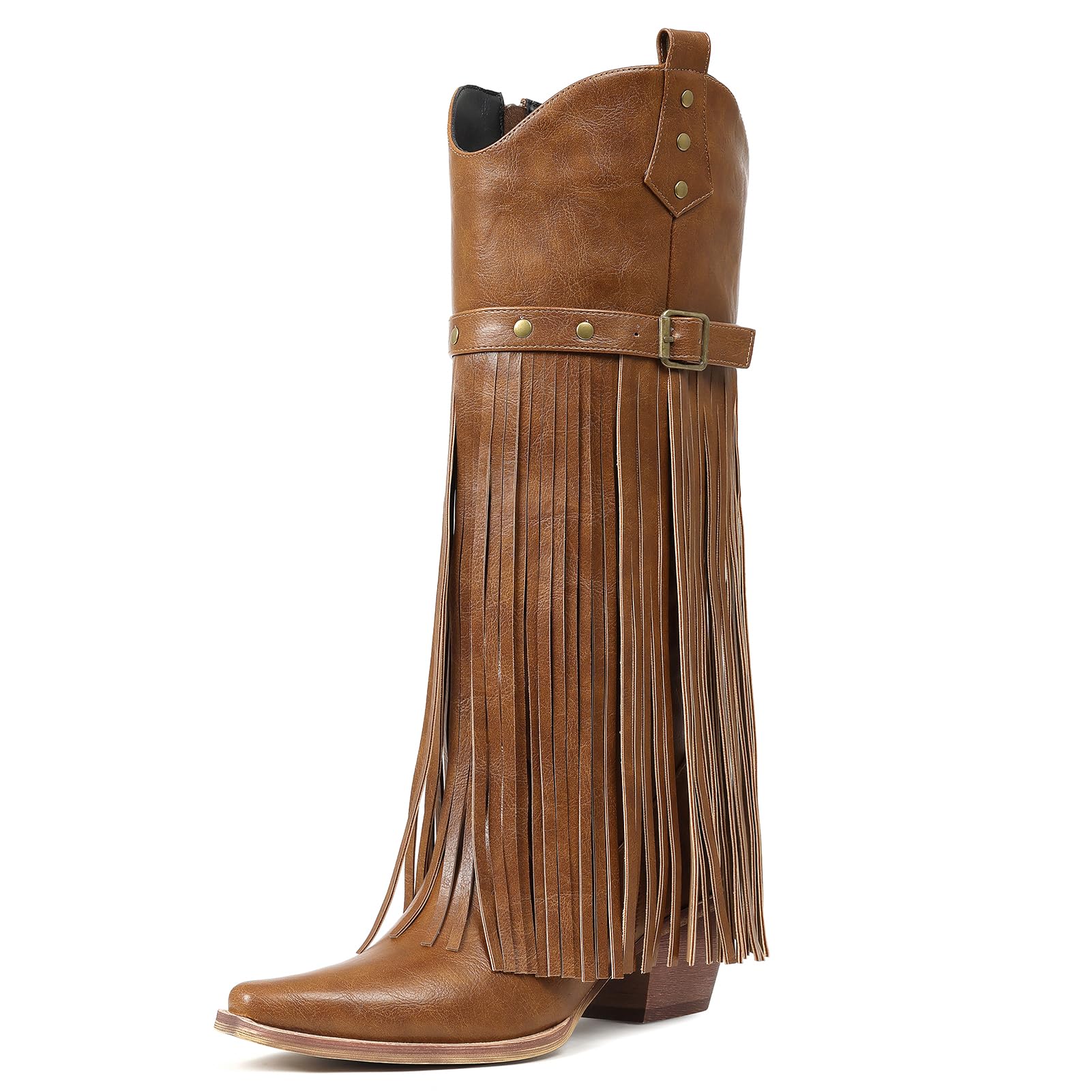 Cozivwaiy Women Fringe Knee High Boots Mid Heel Cowboy Boot With Tassel Pu Leather Country Concent Party Shoes