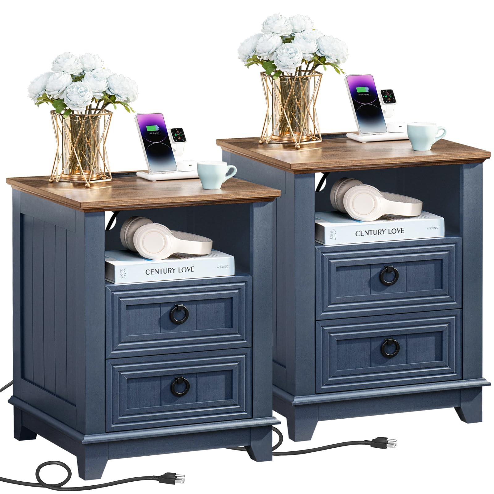 Joaxswe 18" Farmhouse Night Stands Set of 2 with Charging Station, 2 Drawers End Table Dresser for Bedroom, Blue Wooden Nightstand, Bed Side Table with Open Shelf, Bedside Cabinet for Living Room
