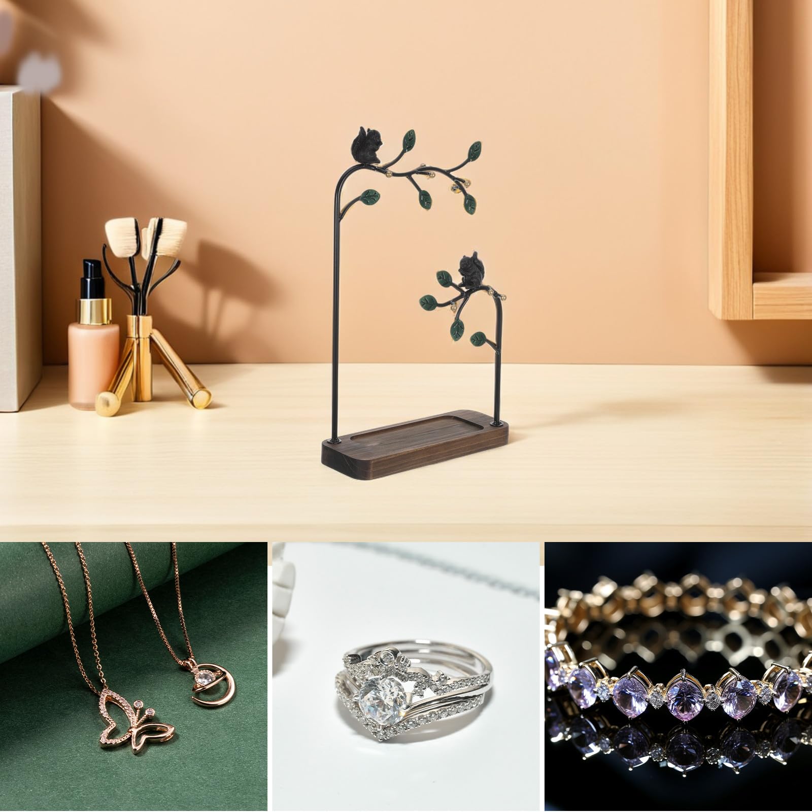 YARNOW Présentoir Arbre pour Bijoux en Fer et Bois, Porte Collier et Porte Boucle D'oreille, Design Artistique, Construction Robuste, pour Petits Appartements