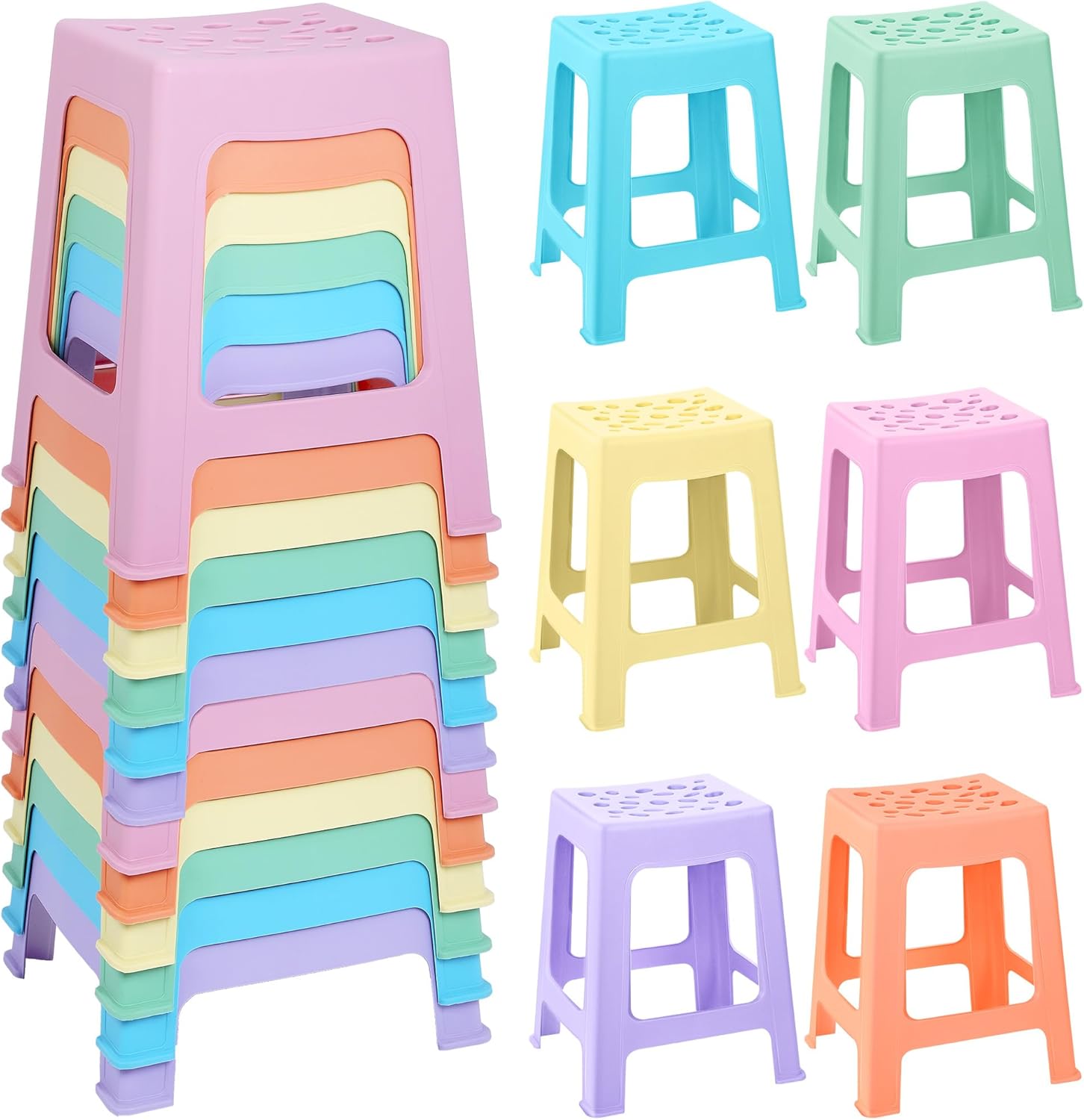 TURSTIN 12 Pack Plastic Stools 16.9 Inch 6 Macaron Colored Nesting Stools Portable Backless Bar Stool Flexible Seating Chairs for Classroom Office Home 12 Macaron