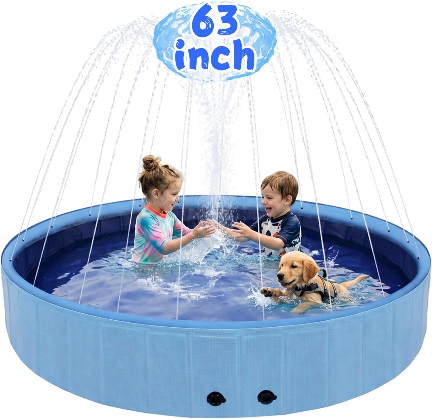 Eooqi Piscina plegable para perros con aspersor, piscina gruesa extragrande de 63 pulgadas, juguete acuático de verano 2 en 1, piscina antideslizante de lado duro para perros de patio, niños y
