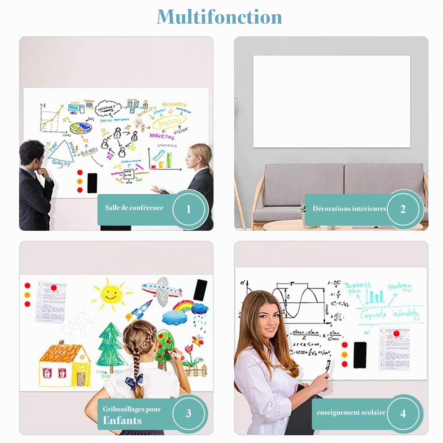 Tableau blanc adhésif magnétique, 60 * 100cm effacable tableau magnetique mural, utilisé pour tableau semainier/tableau blanc pour enfants/magnet frigo，incluent effaceur, feutre et aimants