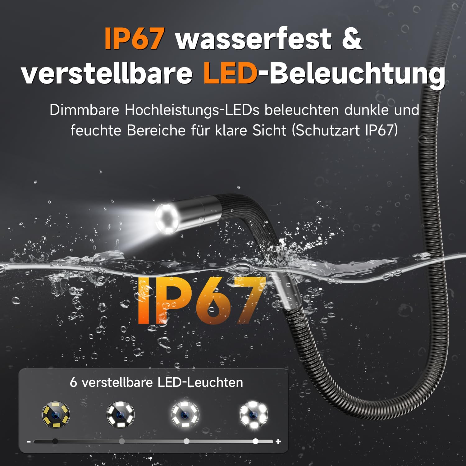 FOXWELL 6,2mm Professionell 2-Wege Schwenkkopf Endoskopkamera mit Licht | 220° Schwenkkopf, IP67 wasserdicht, IPS Display, Foto/Video, 1,6m Kabel, 6 dimmbare LEDs für Werkstatt, KFZ & Rohr