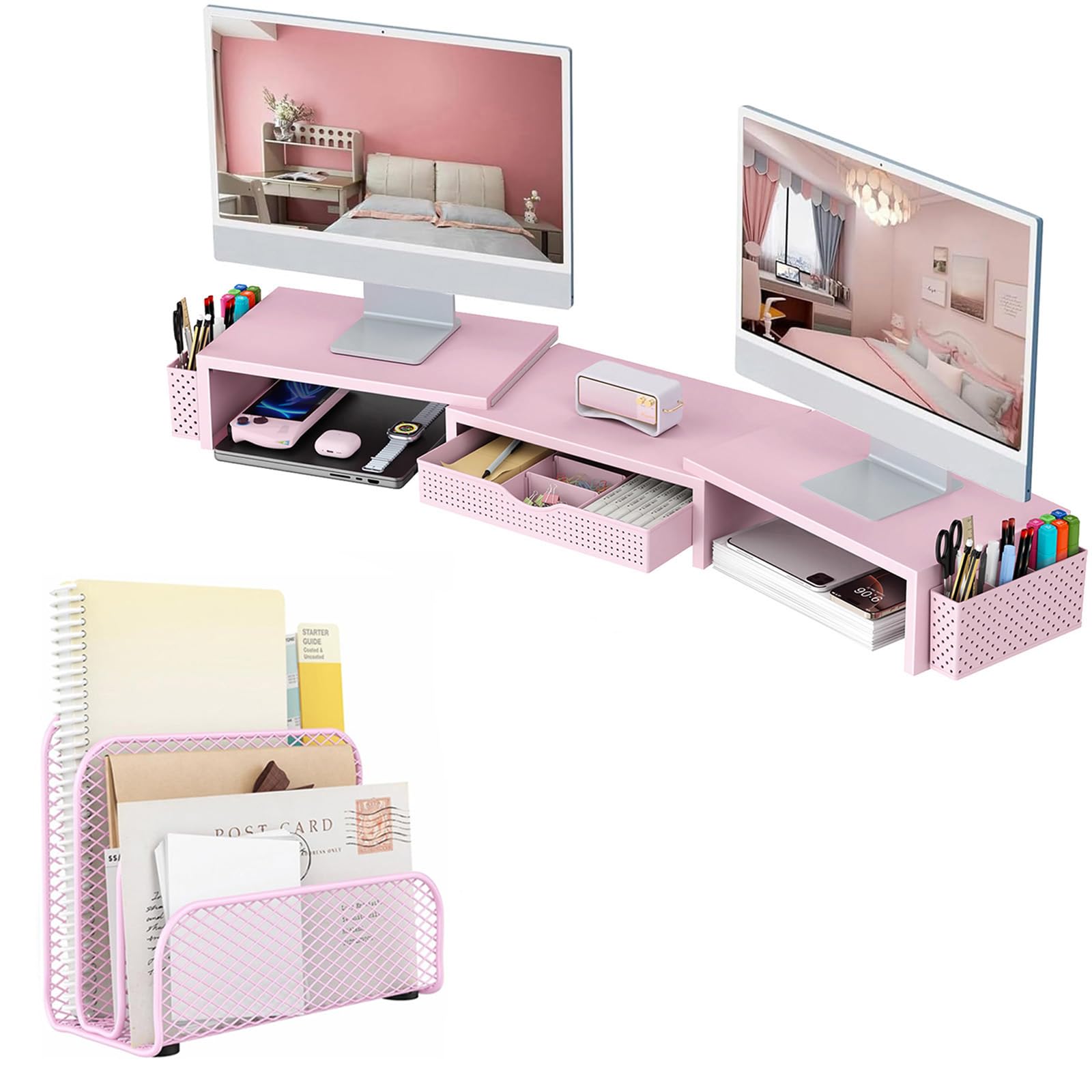 gianotter Dual Monitor Stand Riser + Mail Organizer Countertop (Pink)