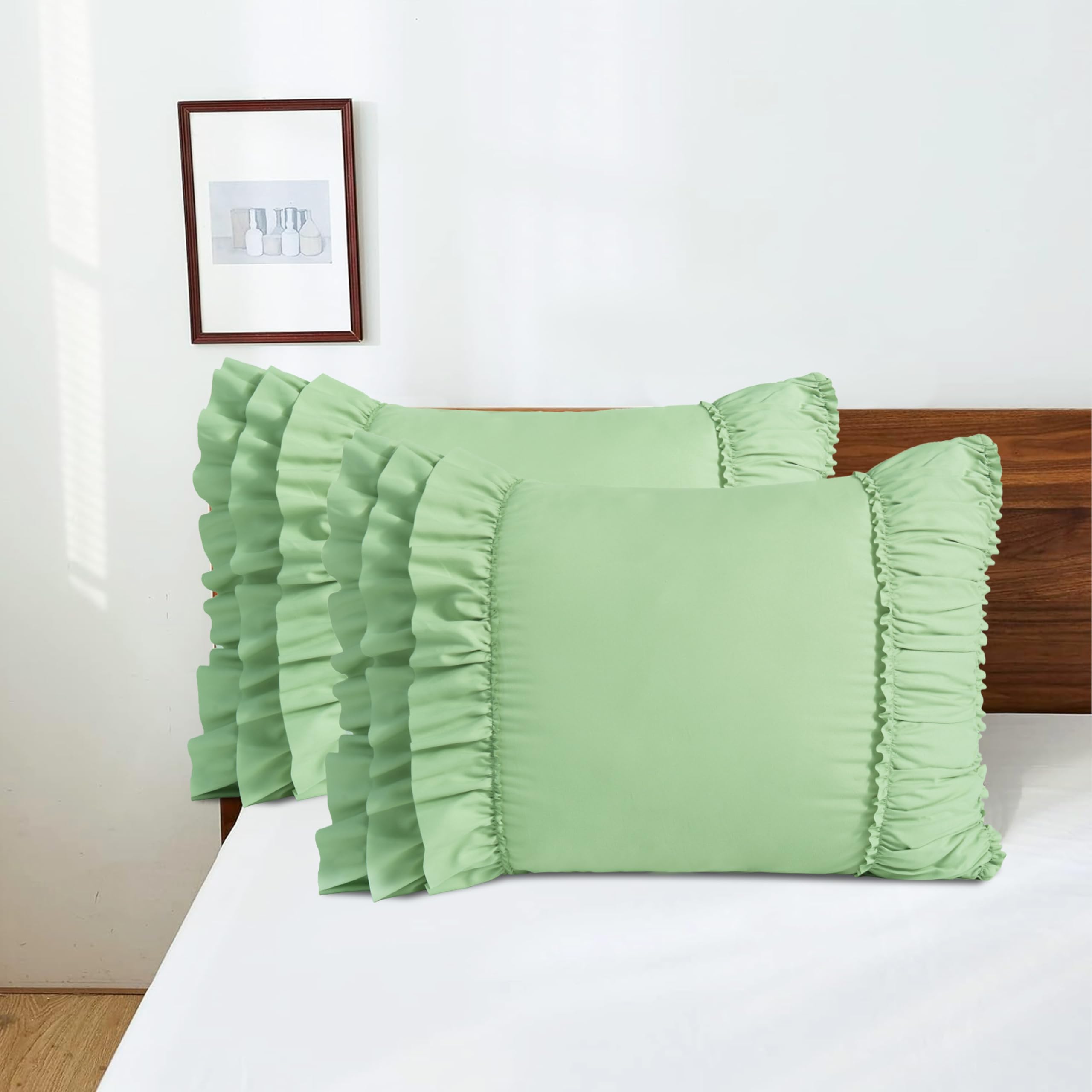 HIG Set of 2 Ruffle Pillow Shams, Handcrafted Sage King Size Ruffle Farmhourse Pillowcases, Wrinkle and Shrinkage Resistant Boho Pillow Covers for Bedroom, 20"X36"(N60040)