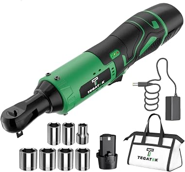 Tegatok Green Long-neck Industrial High-torque Cordless Ratchet Wrench Kit, Sturdy and Durable Housin