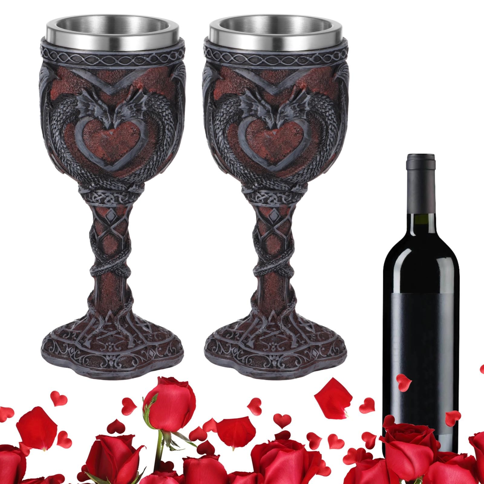 2 bicchieri da vino medievali, design a doppio drago, 200 ml, in acciaio inox, per vino, birra, whisky e regali
