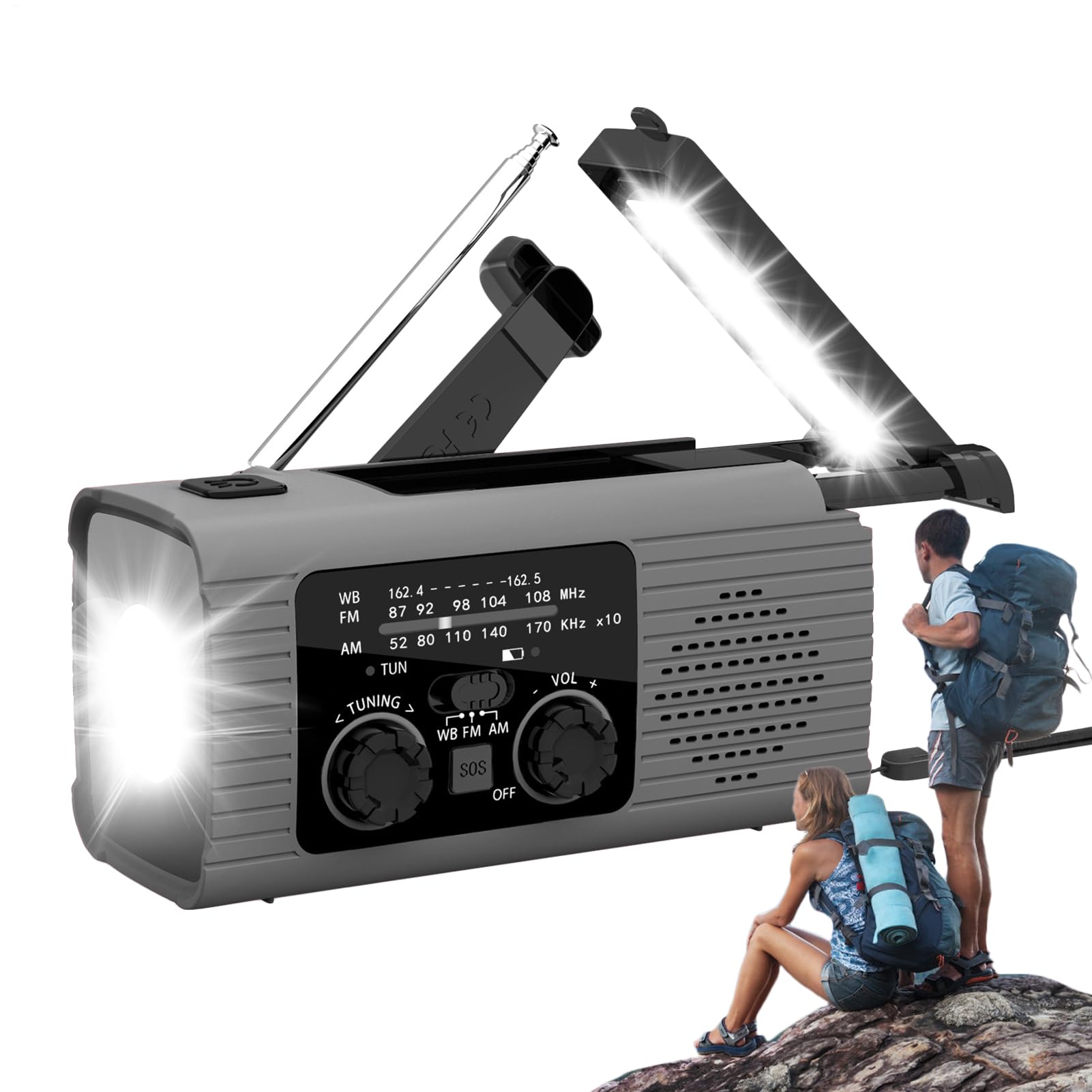 Radio de Energía Solar y Meteorológica de Manivela - Am/FM/NOAA con Linterna, Carga de 3 Vías, SOS Alarma y Banco de Energía para Viajes Largos