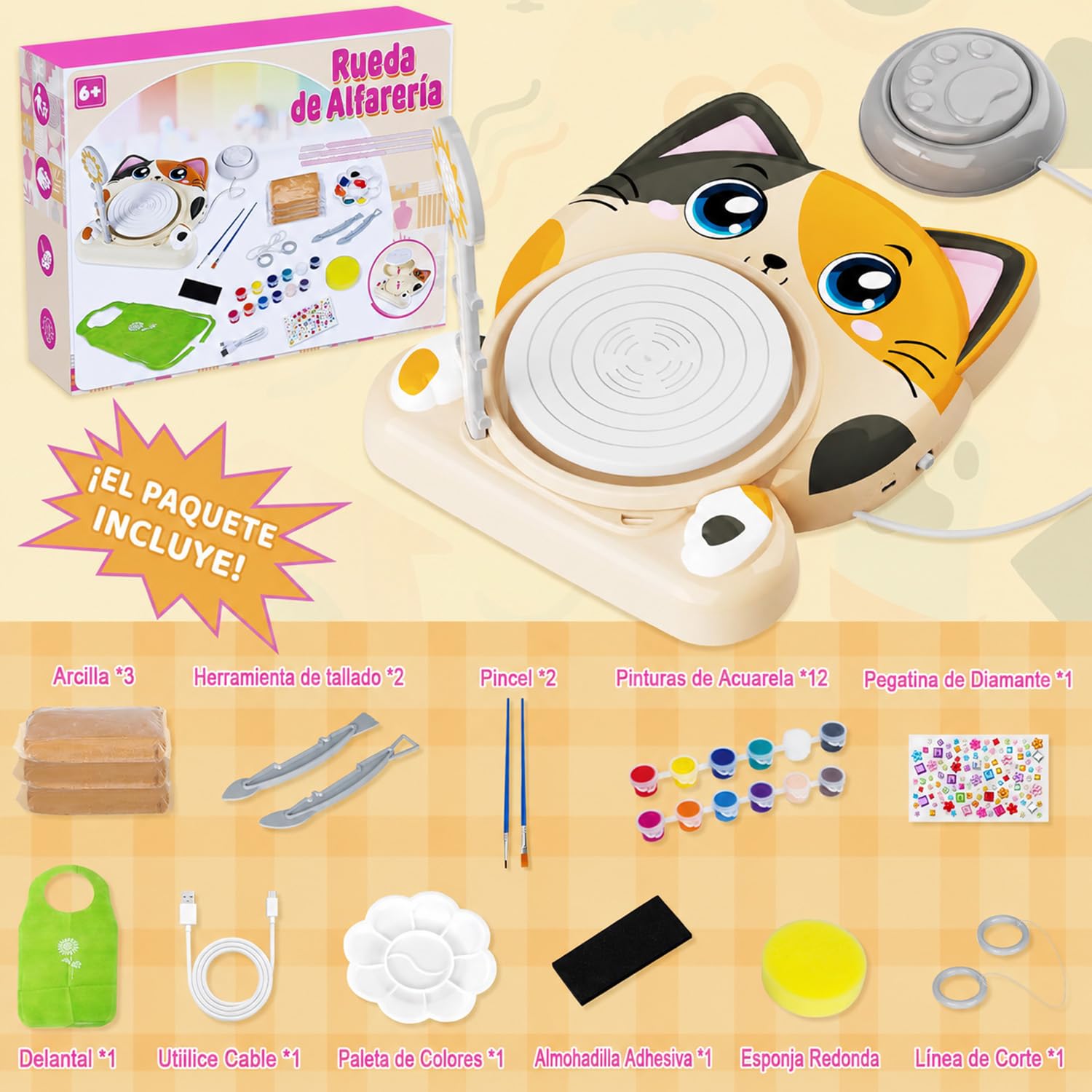 Torno Alfarero para Niños, Set Completo de Torno Ceramica para Principiantes, Kit Manualidades Creativo 6+ Años con 3 x Arcilla de Secado al Aire, Pottery Kit, Regalo para Niños y Niñas (Motivo Gato)