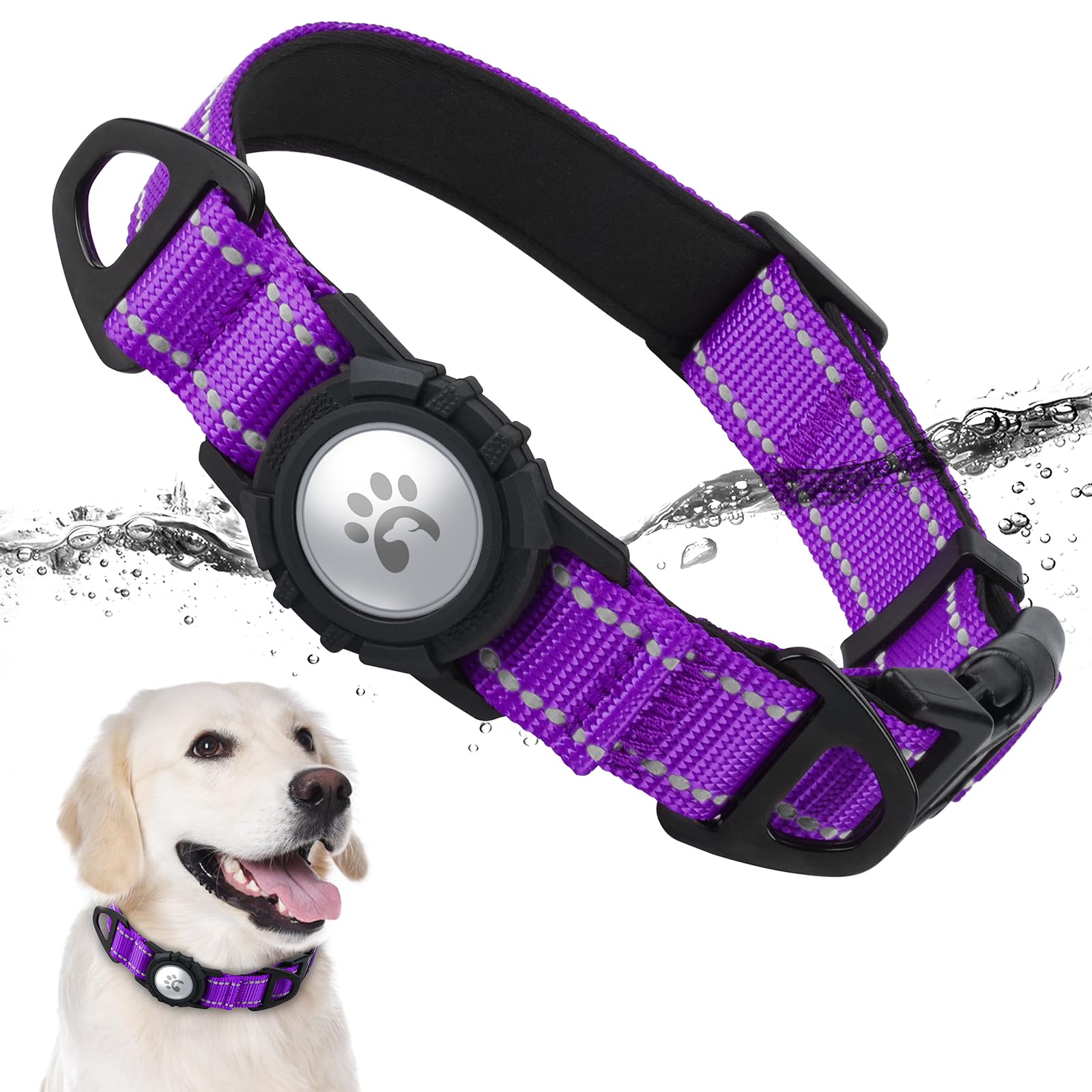 TagME Airtag Dog Collar,Waterproof Reflective Pet Collar with Airtag Holder,Soft Padded and Double D-Rings for Large Dogs,Purple