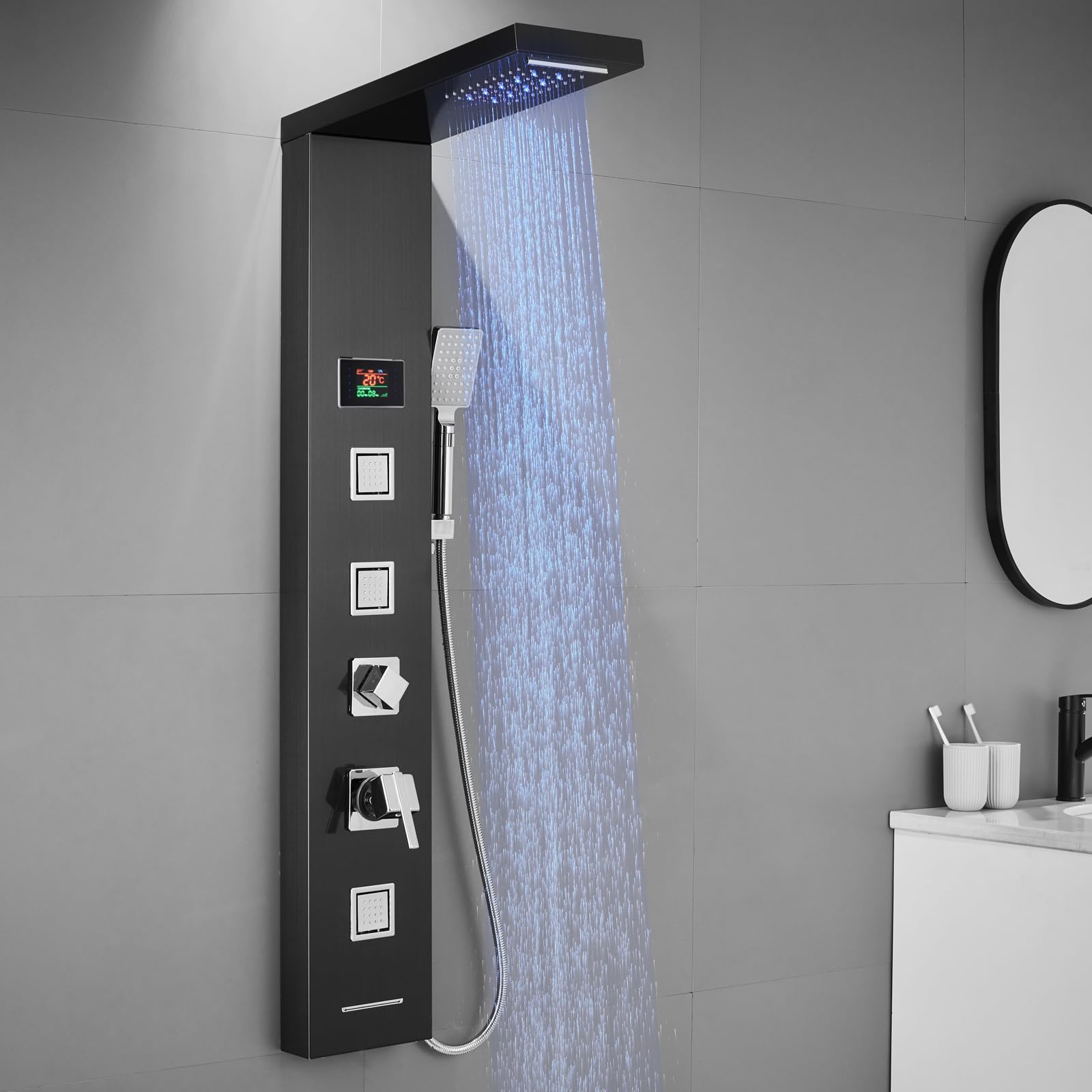 LED Duschpaneel mit Armatur und Temperaturanzeige, Duschsäule Komplettset mit Regendusche, Wasserfalldusche, Massagedüsen, Handbrause und Badewannenauslauf, 304 Edelstahl, Schwarz