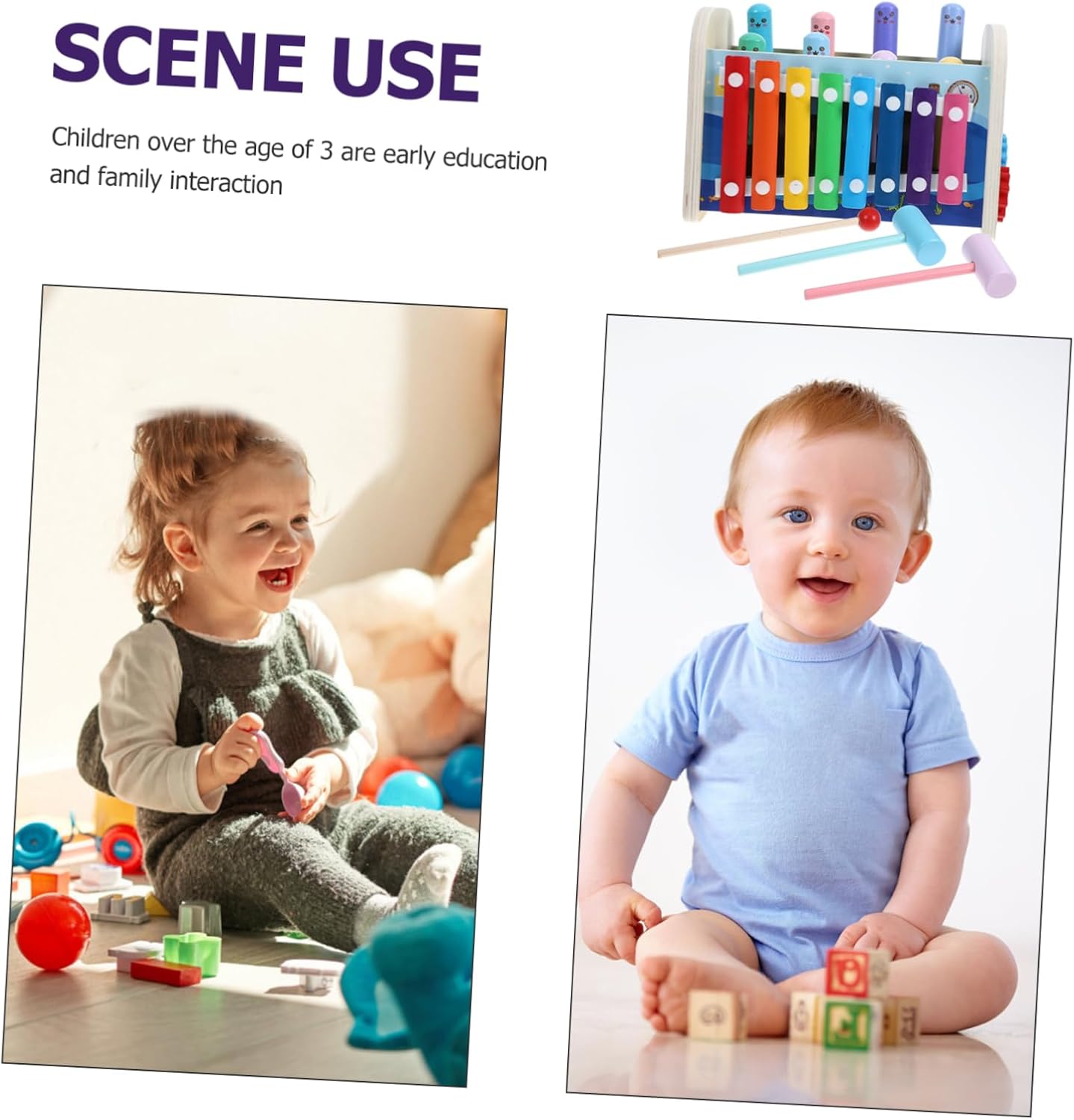 1Set Montessori Busy Board with Hammer and Xylophone Wooden Activity Cube for Fine Motor Skill Development Safe and Educational Plaything