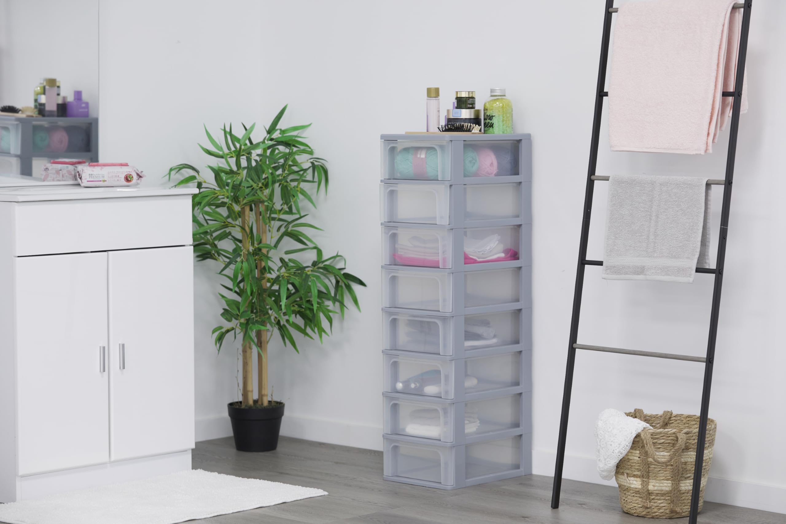 Iris Ohyama Cassettiera in Plastica, Portaoggetti, 8 Cassetti Medi, Grigio, Apertura Facile, Formato A4, A5 e A6, Organizzatore, Per Ufficio, Scuola, Cartoleria, Senza BPA, Contenitore, OCH-2008