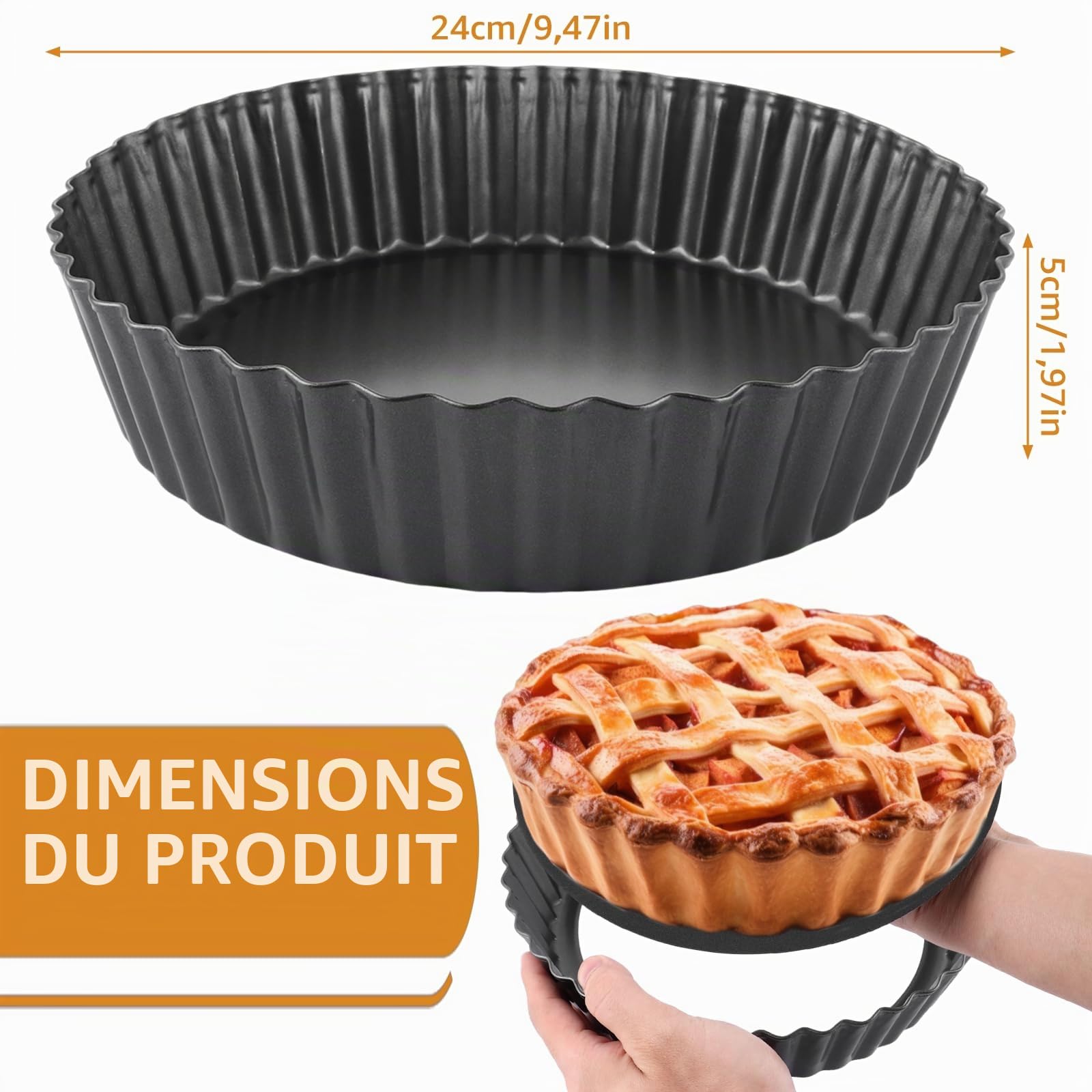 Lot de 2 moules à tarte, ronds, avec fond amovible, 24 x 5 cm, anti-adhésif, avec fond amovible, pour tarte, quiche, tarte