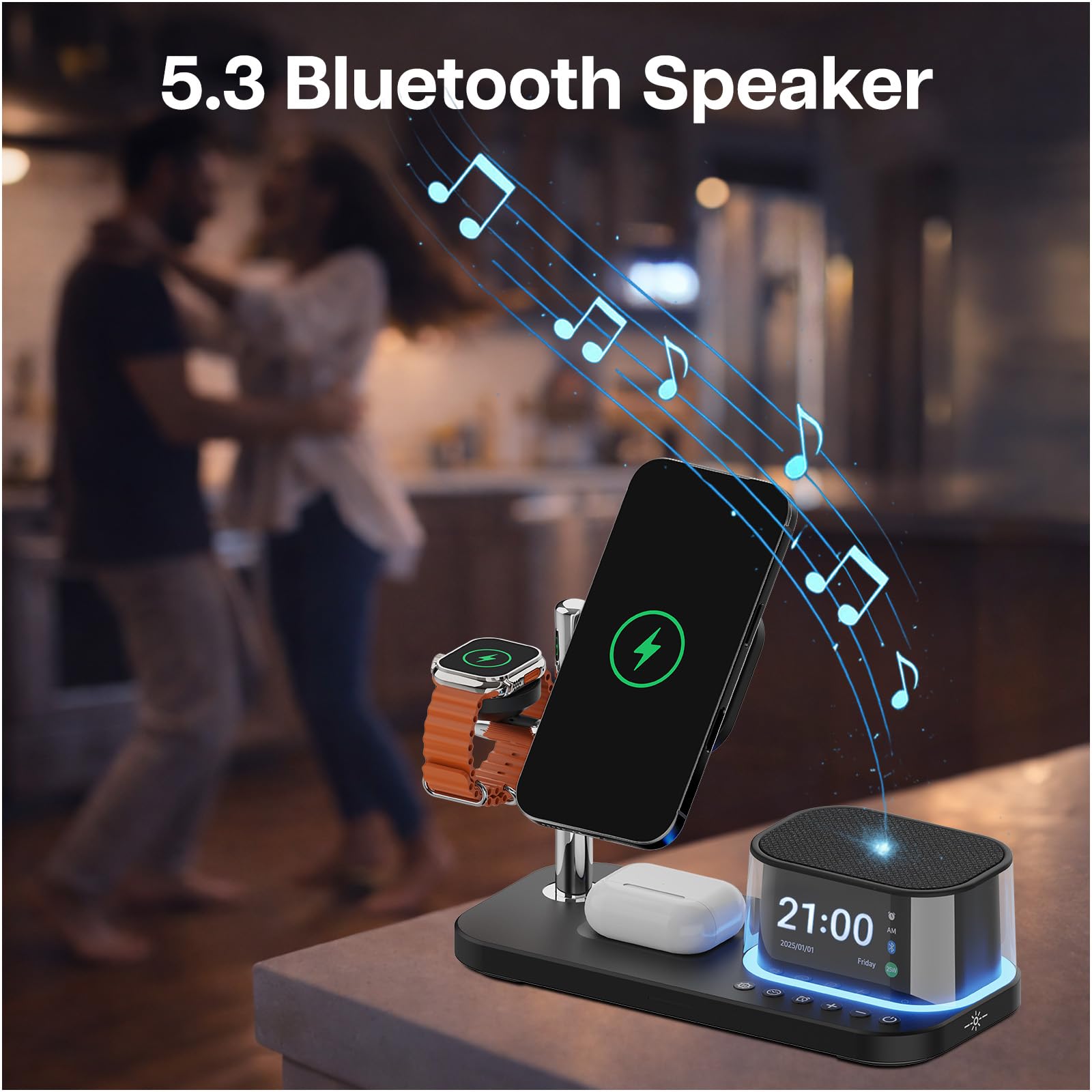 Cargador Inalámbrico 5 en 1 con Reloj Despertador, Altavoz Bluetooth y Luz Nocturna LED para MagSafe de MMOBIEL – Cargador Magnética Qi2.2 25W para iPhone, Apple Watch y AirPods – Negro