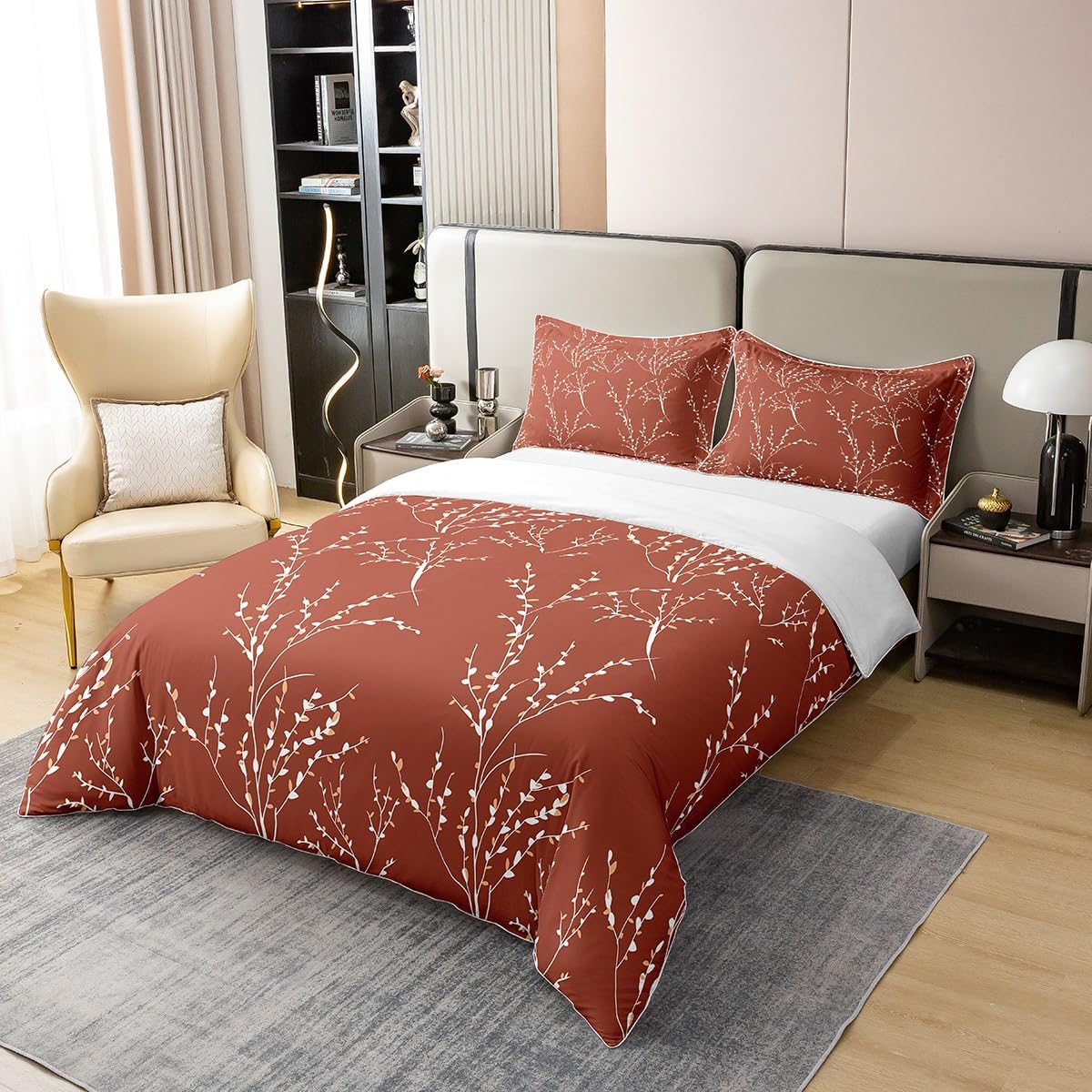 Terracotta Branches Parure de Lit Housse de Couette 100% Coton Ensemble Réversible Fleur Plum Blossom Ensemble de literie Coton Décor Leaf Housse de Couette 140x200cm Parure de Lit