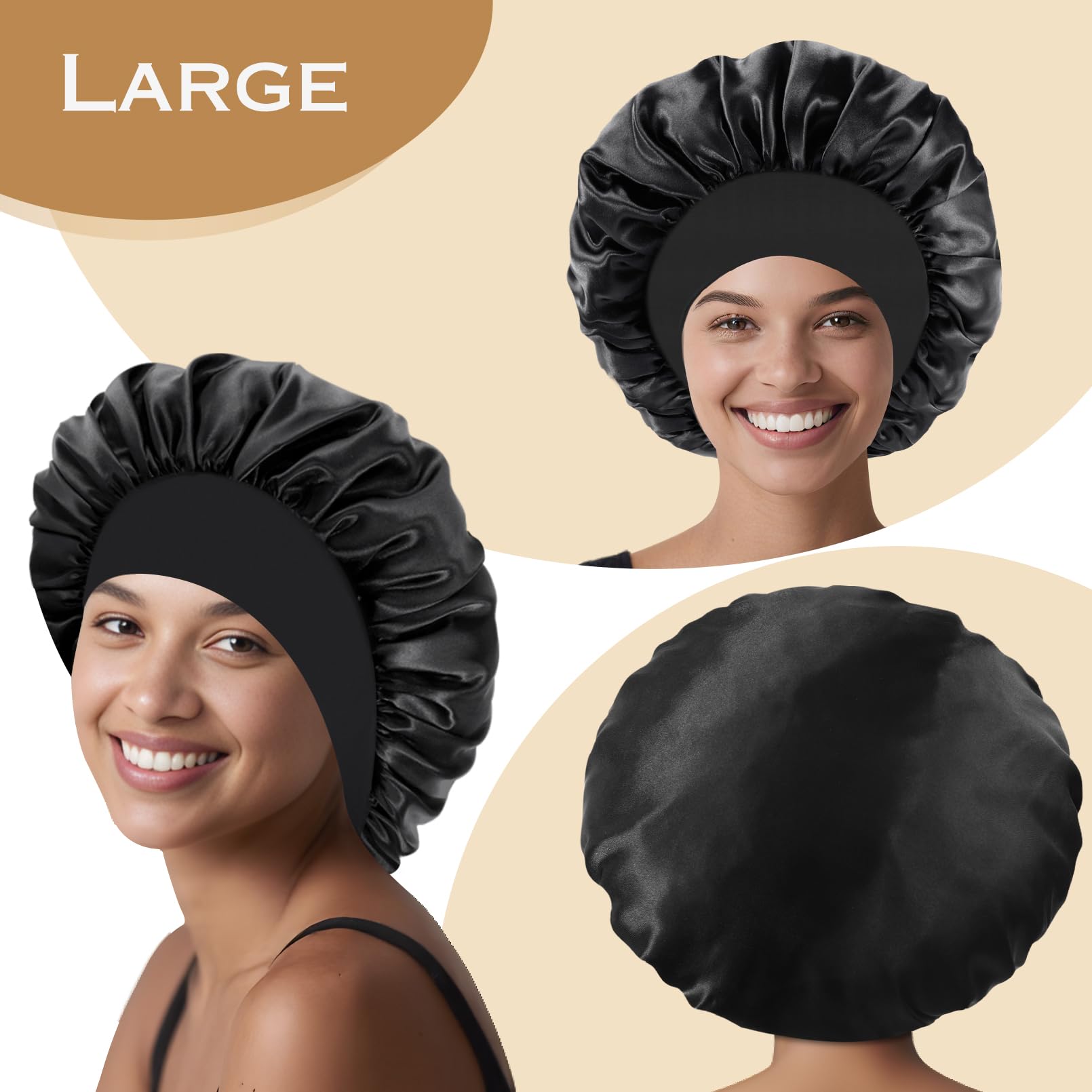 12 cuffie in raso per dormire, con fascia elastica larga, per donne, trecce, capelli ricci, nero