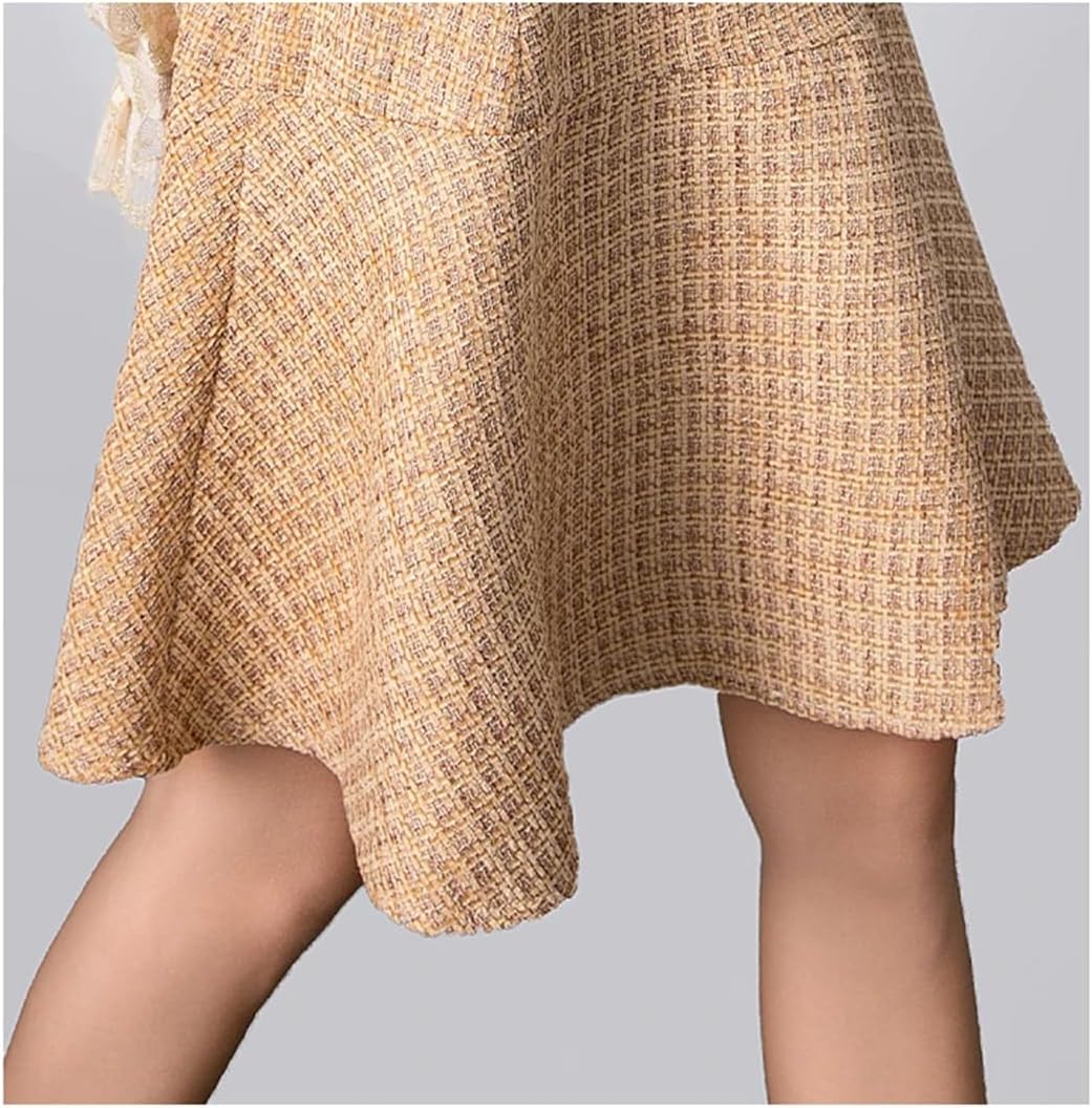 Womens High-End Boutique Lace Splicing Fake Two Small Fragrant Tweed Dress Beaded Dress