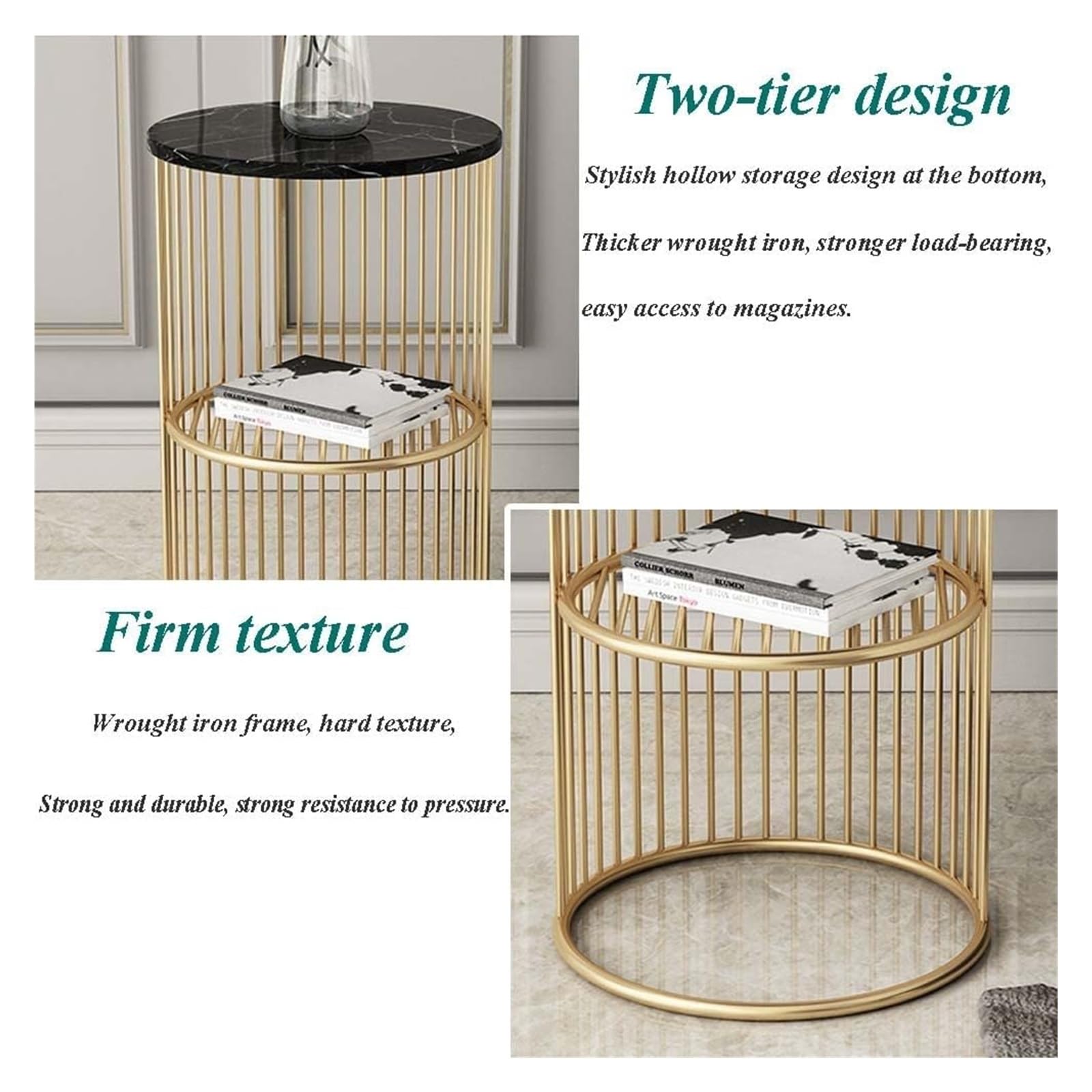 Simple Sofa Side Table, Creative End Metal Coffee High Temperature Paint Process Light Luxury Small Round Bedroom Bedside Nightstand Double-Layer Storage Space(Black)