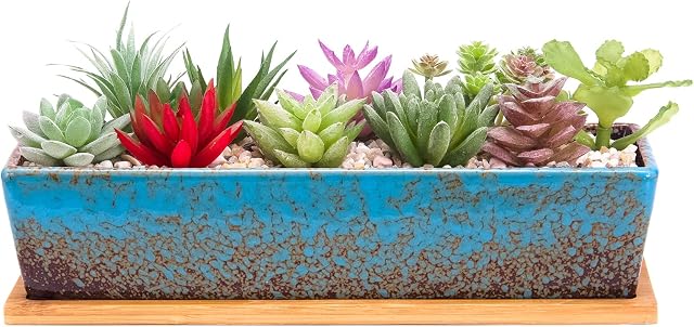 ARTKETTY Succulent Plant Pots, 30 CM Long Rectangle Succulent Plant Pots with Drainage Tray, Large Ceramic Cactus Flower Plants for Indoor/Outdoor Plants Shallow Bonsai Window Box Home Decor, Blue