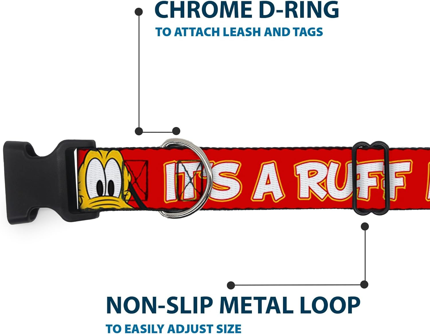 Buckle-Down Dog Collar Plastic Clip Pluto 2 Pose Its A Ruff Life Red Yellow White, Multi Color, 1.5"" Wide - fits 13-18"" Neck - Small (DC-BKSR-WDY375-1.5-S)