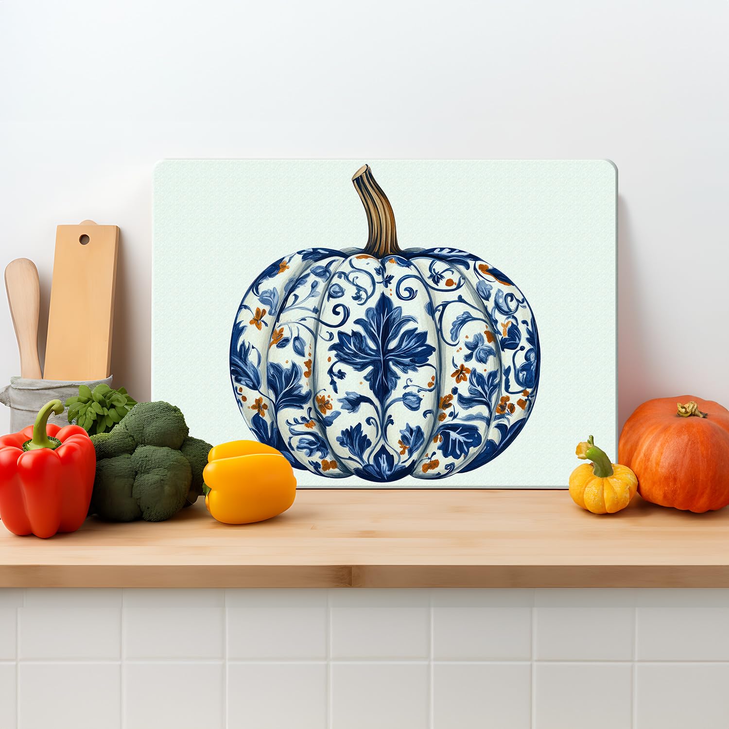 Glass Chopping Board – Blue Floral Pumpkin – Textured Tempered Glass Cutting Board – 39 x 29cm Kitchen Worktop Saver – Non Slip, Heat Resistant, Easy Clean Large 39cm x 29cm — image 1