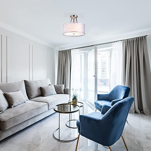 Miniatura 4 de Edvivi Lámpara de techo semiempotrada de níquel cepillado de 3 luces, pantalla de tela de doble tambor, modernas lámparas de techo para sala de