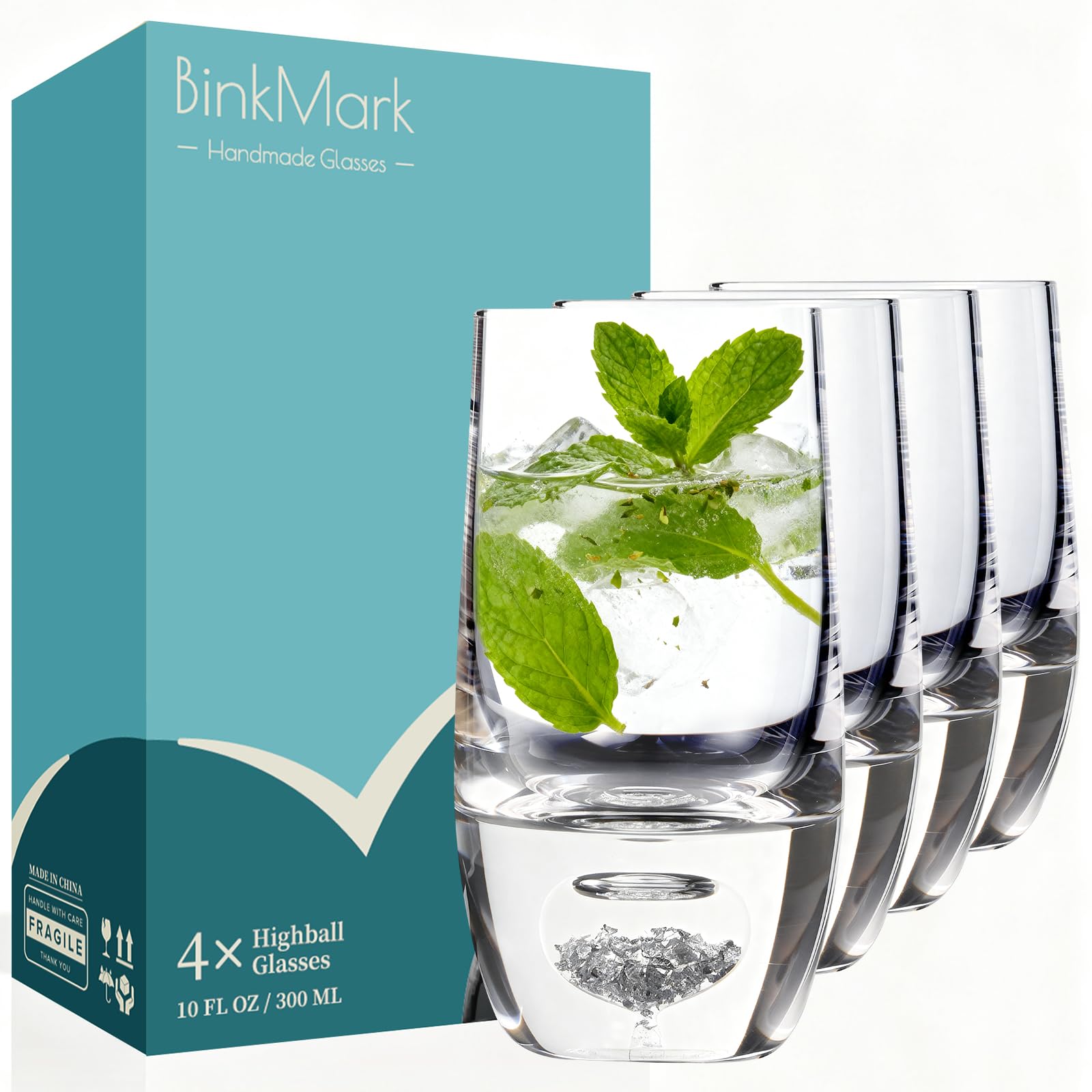 Highball Glasses Set of 4 10oz Hand Blown Lead-Free Premium Crystal Glasses Silver Foil Bottom Water Glasses Mojito