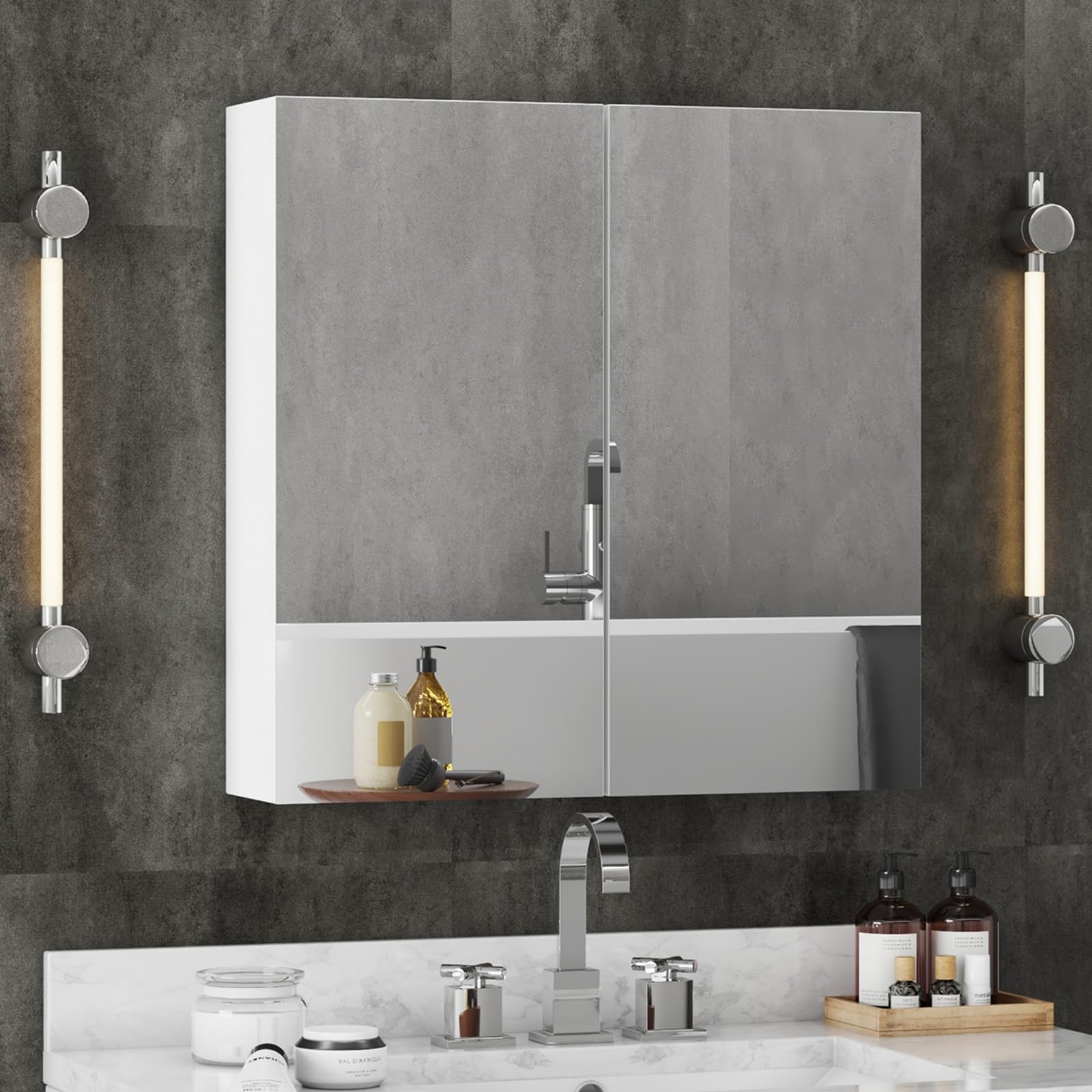 joolihome living Bathroom Mirror Cabinet, Wall Mounted Cabinet with Mirror & 2 Adjustable Shelves, 3 Tier Storage Cupboard Unit Organizer Bathroom Furniture (No Lights, 600x600mm)