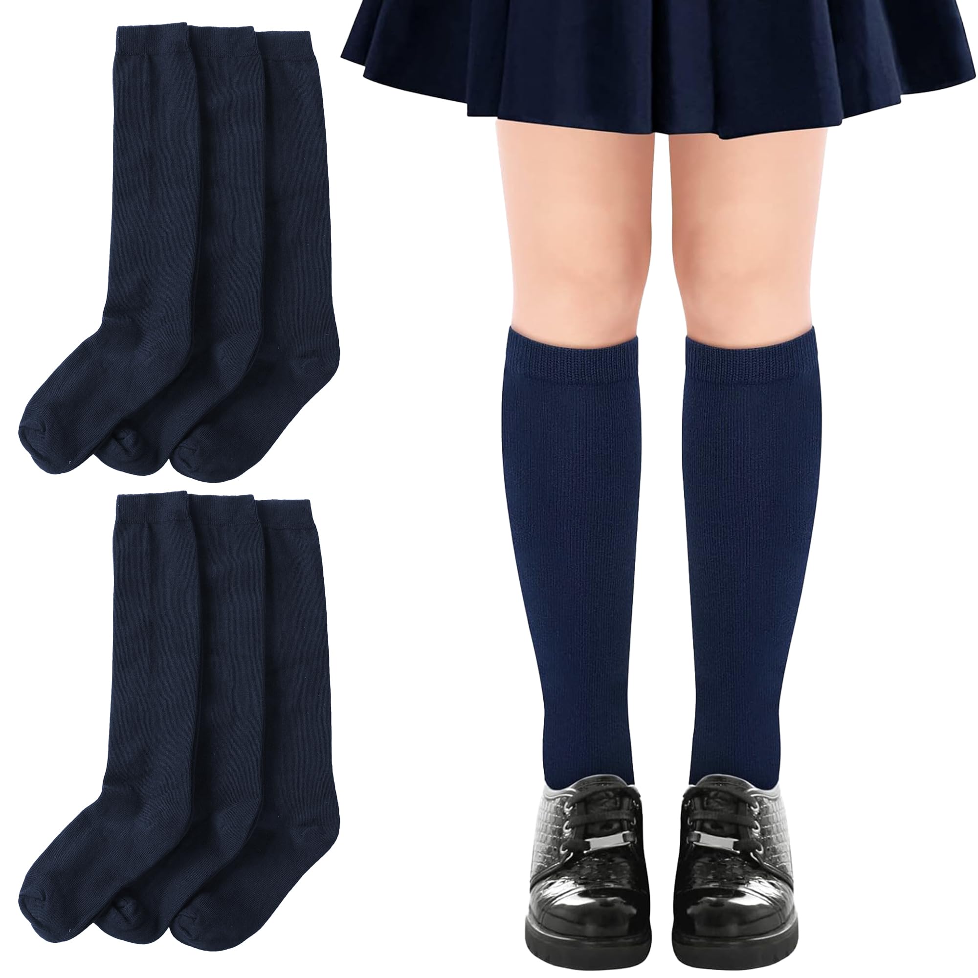 Yusons Calcetines Altos Escolares para Niñas, Medias Largas de Algodón para Uniforme y Deporte, Pack de 6 pares