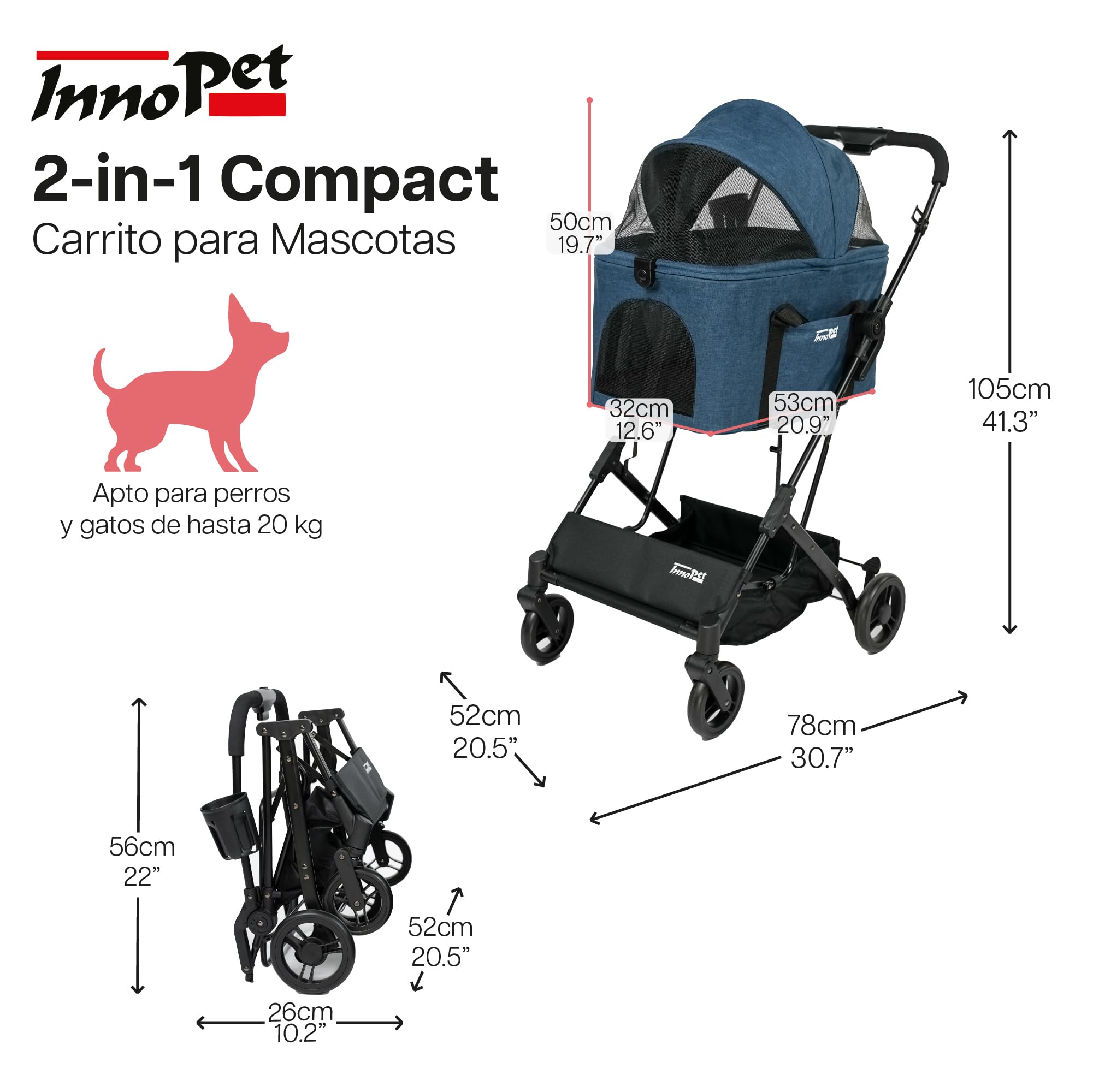 Innopet 2 en 1 carrito compacto - Cochecito plegable con transportín desmontable y asiento de coche, para perros y gatos hasta 20kg, con cesta y portavasos