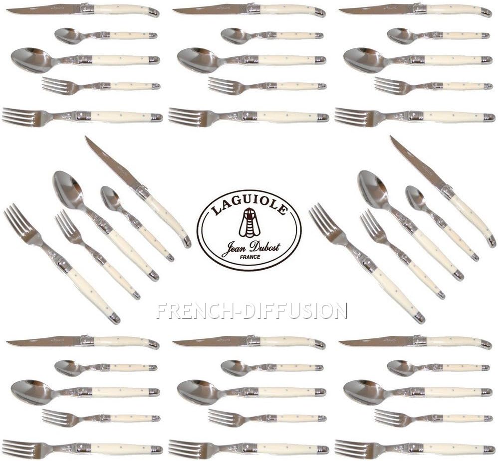 Laguiole Dubost - Complete 40 pcs Flatware Set - Ivory Color - In Heavier 25/10 Stainless Steel (Official Genuine French Laguiole White Cutlery Setting for 8 People - Direct From France)