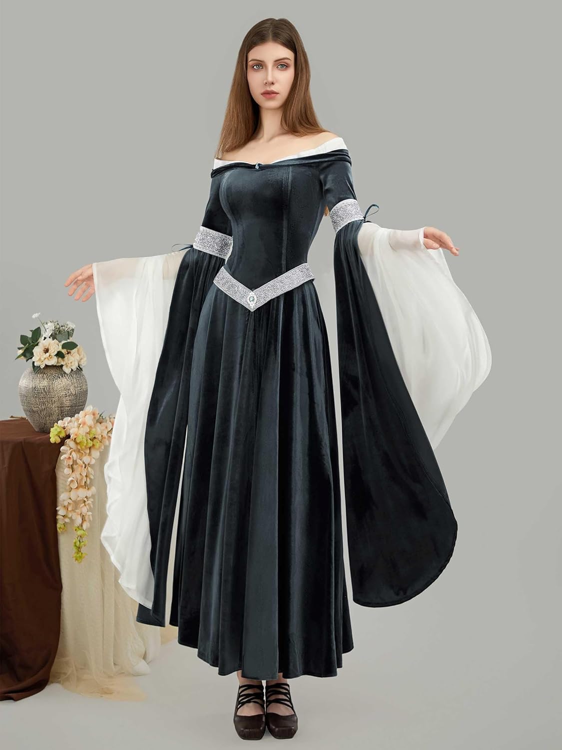 Medieval Renaissance Dress Elf Clothing Retro Gown Dress with Chiffon Sleeves - Image 2