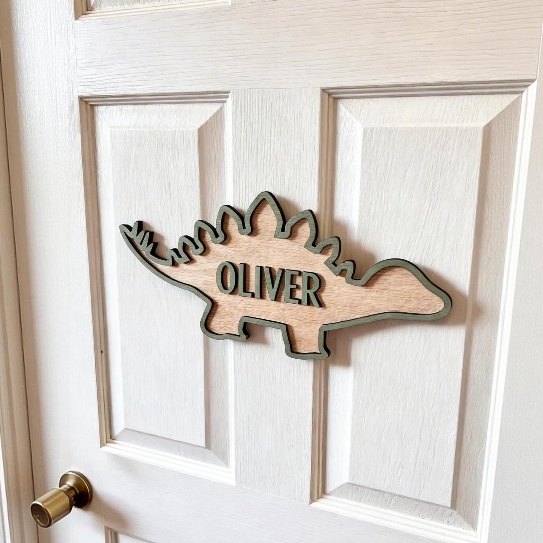 Personalised Kids Door Name Sign, Custom Wooden Dinosaur Shape Door Plaque with Name, Nursery Bedroom Door Sign, Children's Room Wall Decor (Stegosaurus)