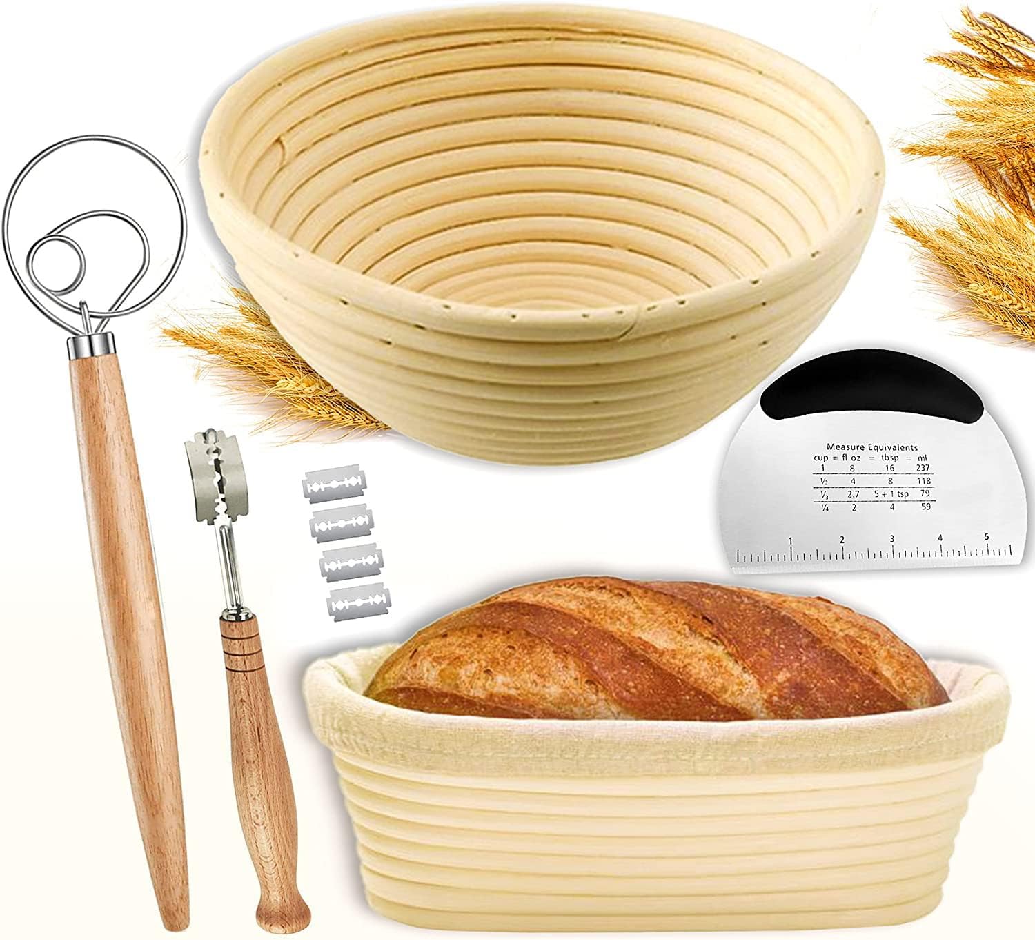 Mofish Sourdough Bread Proofing basket SET of 2 with Starter KitRound