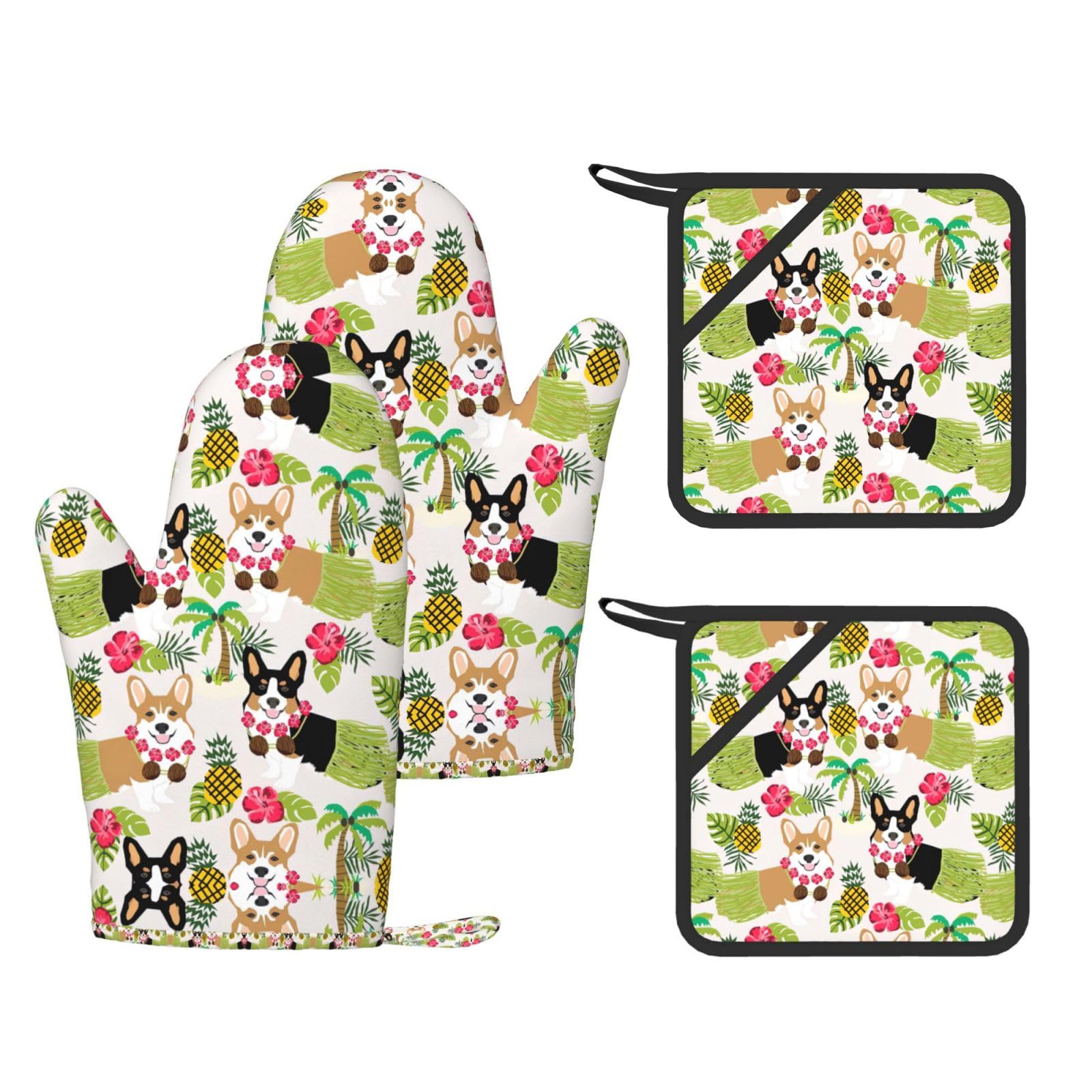 Corgi Hawaiian Tropical Summer Pineapple Trendy Printed Kitchen Set with Heat Resistant Gloves & Non-Slip Hot Pads for Baking & Grilling