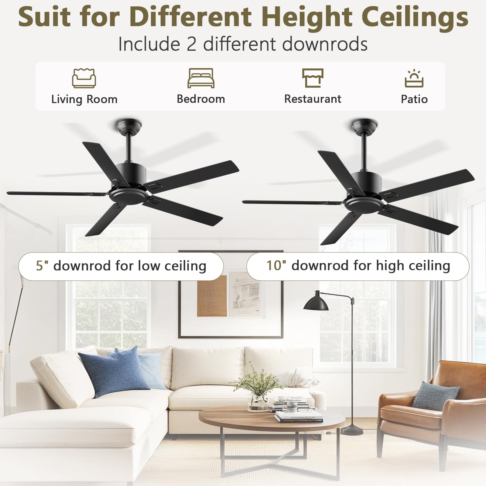 Obabala Ventilatore da soffitto per patio, soggiorno, camera da letto, stile moderno, in legno, 5 pale, 106,7 cm, nero, con telecomando, senza luce, nessun rumore, reversibile