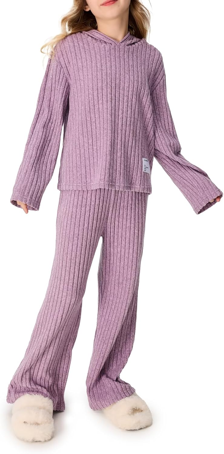 Girls 2 Pieces Outfits Lounge Set Knit Hoodies Flare Pants Sweatshirts and Sweatpants Kids Tracksuits 5-14 Years