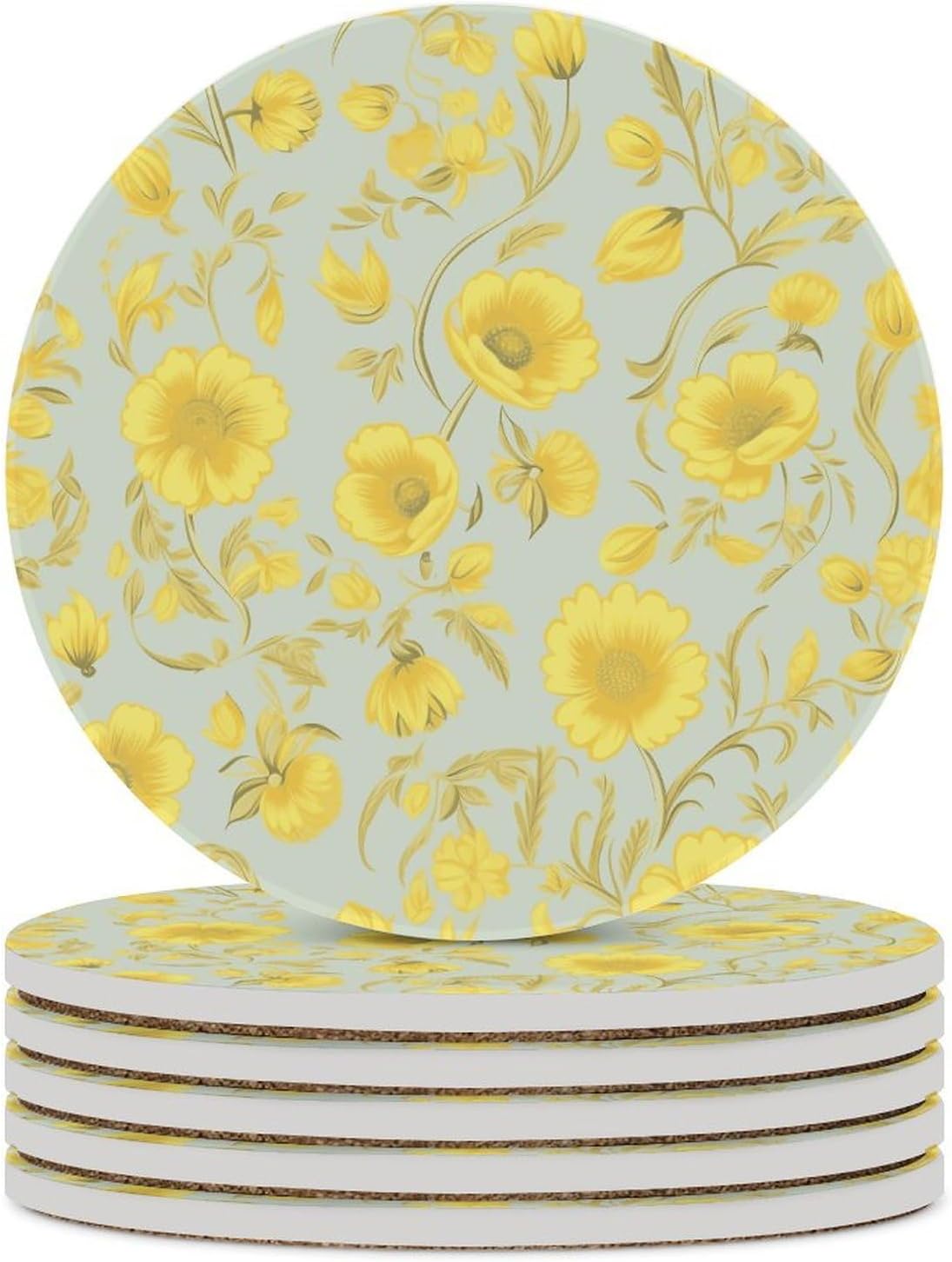 Yellow Flower Coaster with Cork Base Drink Coasters for Coffee Table Decor Modern Cup Coasters with Non-Slip & Heat-Resistant Cute Ceramic Table Coaster for Home Dining