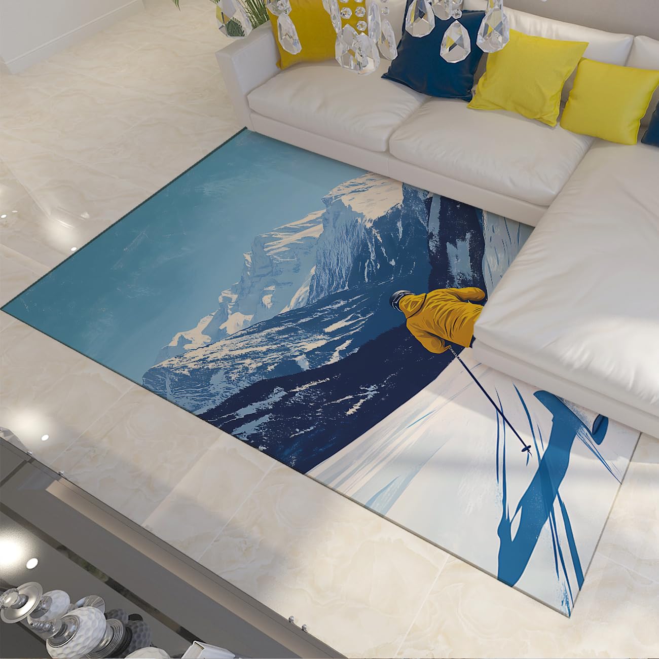 Tapis Montagne enneigée Ski Hiver Sport Aventure Bleu Lavable Tapis Poil Ras Flanelle Douce antidérapant Neige carpette Bureau déco saisonnière 200x300cm