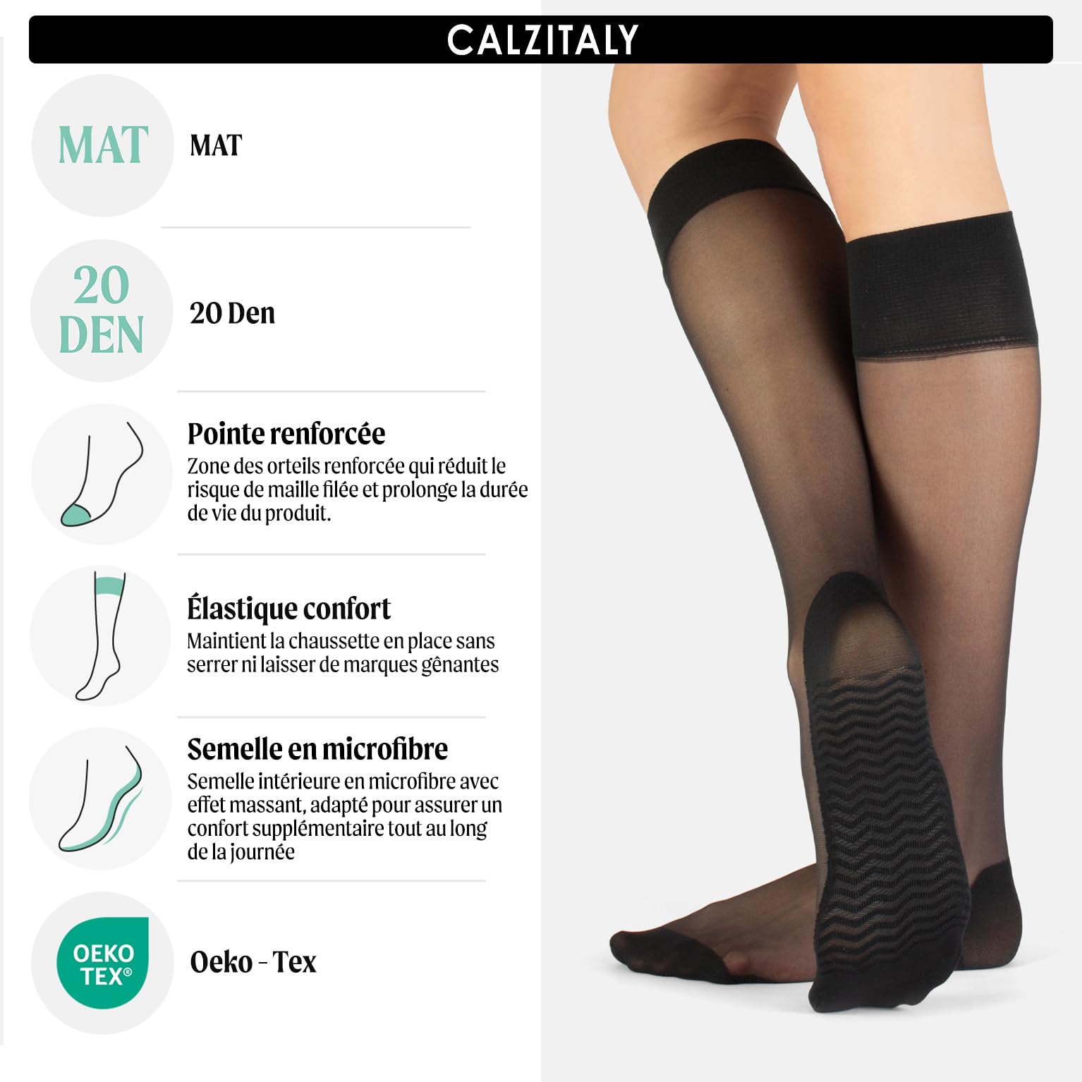CALZITALY 6 Paires Mi-Bas de Soutien au Genou avec Semelle en Microfibre | Noir, Naturel, Bleu | 20 DEN | Made in Italy (Taille Unique, Noir)