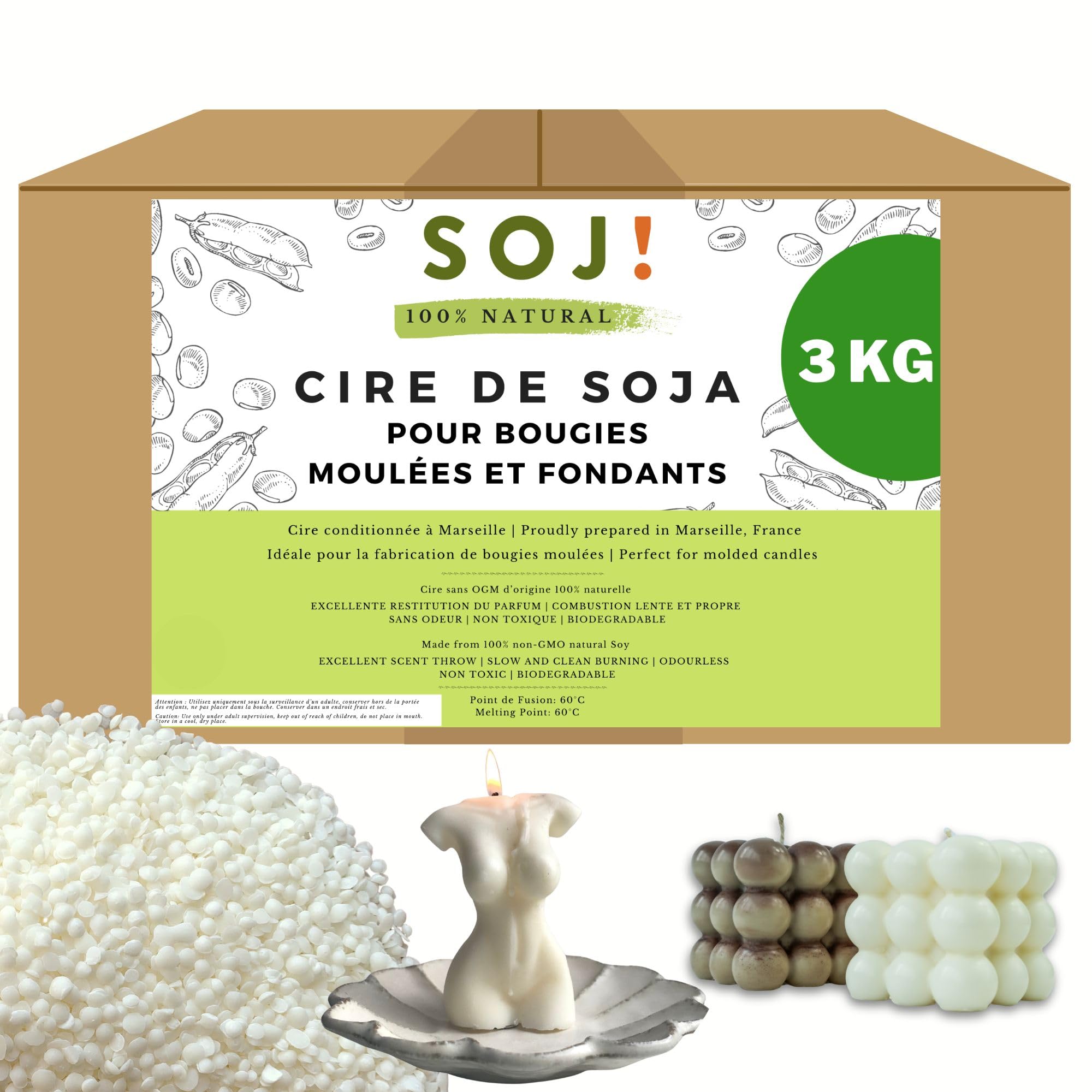 Cire de soja pour bougie moulée et fondant en pastille, Cire pour bougies sans OGM, 100% Naturelle et vegan, fabrication de bougies végétales, conditionnée en France (3KG)