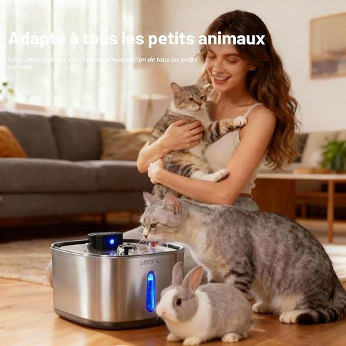 Umarie Fontaine à Eau pour Chats sans Fil, INOX, avec Détecteur de Mouvement-3,2L Ultra-Silencieuse Fontaine à Eau pour Chiens (25 DB), à Pile 4000 mAh, Filtration Multicouche + 3 Modes de Flux - 2
