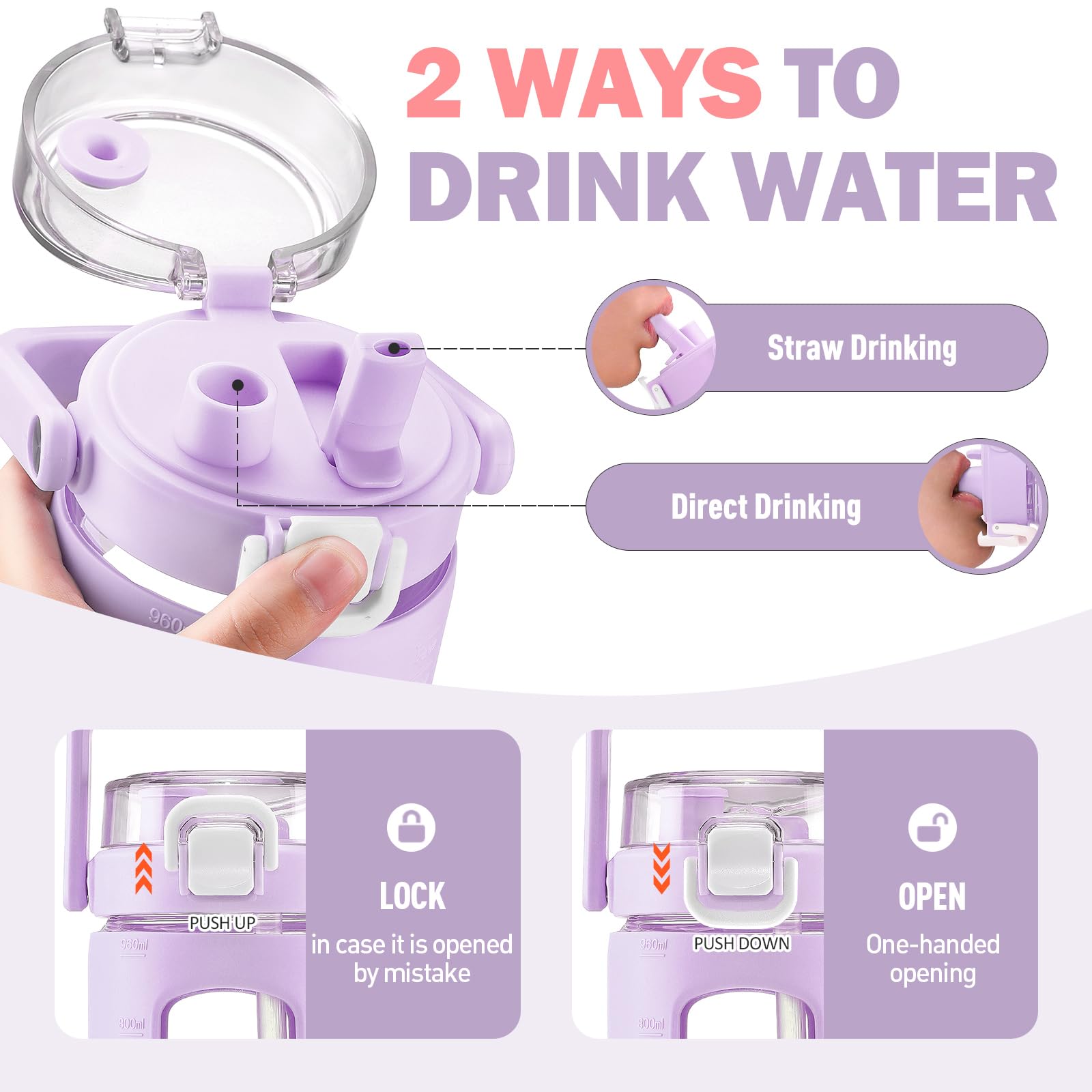 BLUEGO 960ml Bottiglie d'acqua in vetro con cannuccia e indicatore del tempo Bottiglia d'acqua sportiva grande con custodia in silicone 0,96 litri Brocca d'acqua in vetro per palestra, Viola